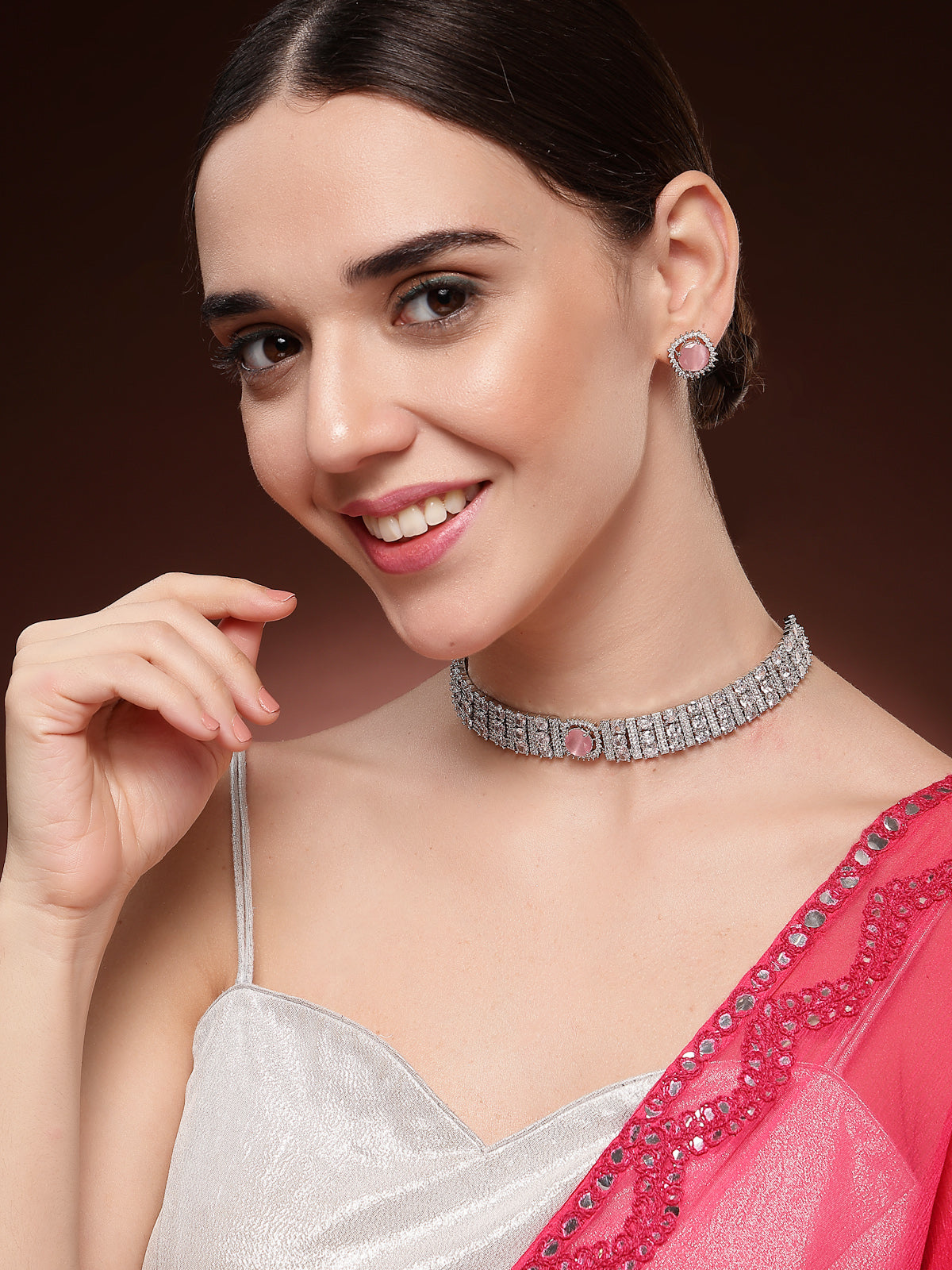 Sukkhi Elegant Stylish Rhodium Plated Cubic Zirconia Studded Brass Pink Choker Necklace with Studs Earrings Jewellery Set for Women|Latest Stylish Gifts for All Occasions|NS116071