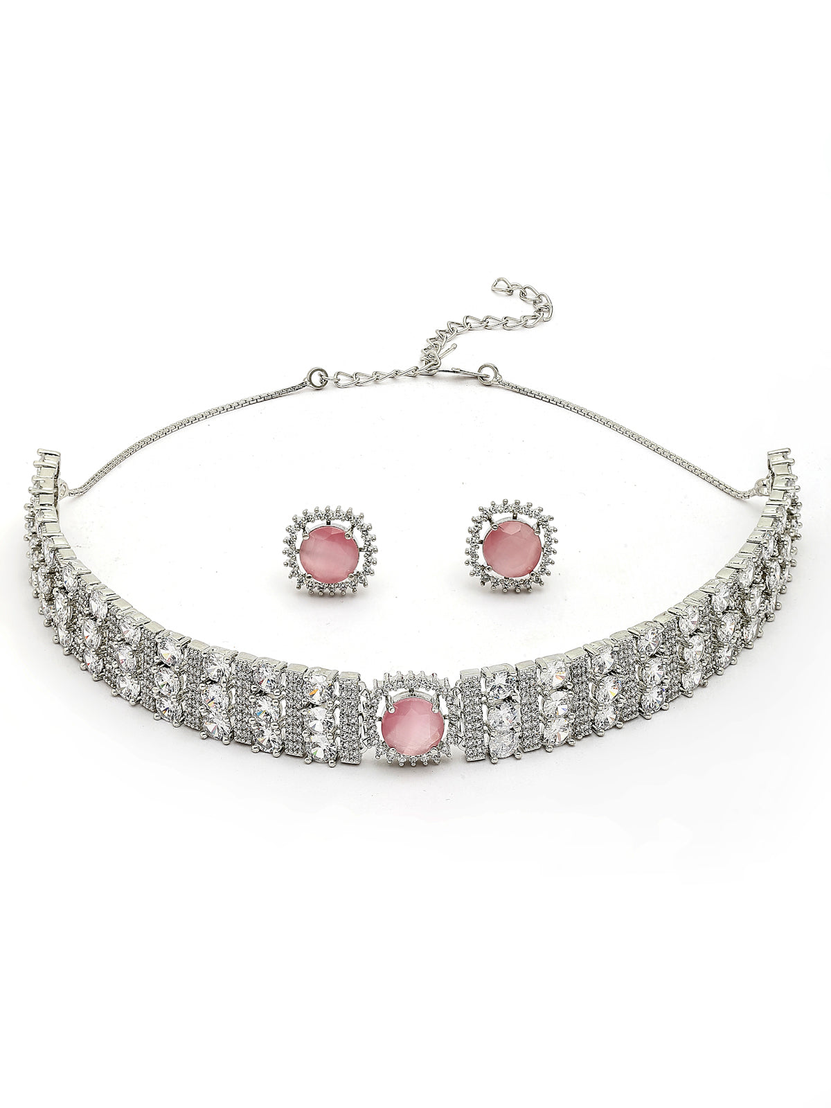 Sukkhi Elegant Stylish Rhodium Plated Cubic Zirconia Studded Brass Pink Choker Necklace with Studs Earrings Jewellery Set for Women|Latest Stylish Gifts for All Occasions|NS116071