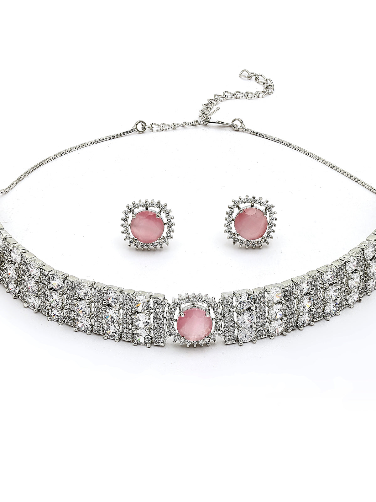 Sukkhi Elegant Stylish Rhodium Plated Cubic Zirconia Studded Brass Pink Choker Necklace with Studs Earrings Jewellery Set for Women|Latest Stylish Gifts for All Occasions|NS116071
