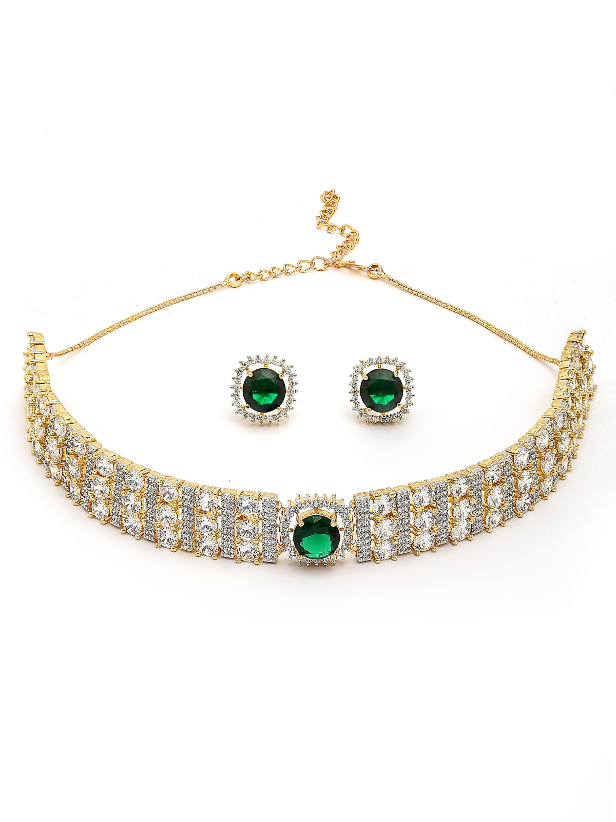 Sukkhi Eye Catchy Gold Plated Cubic Zirconia Studded Emerald Green Brass Choker Necklace with Studs Earrings Jewellery Set for Women|Latest Stylish Gifts for All Occasions|NS116073