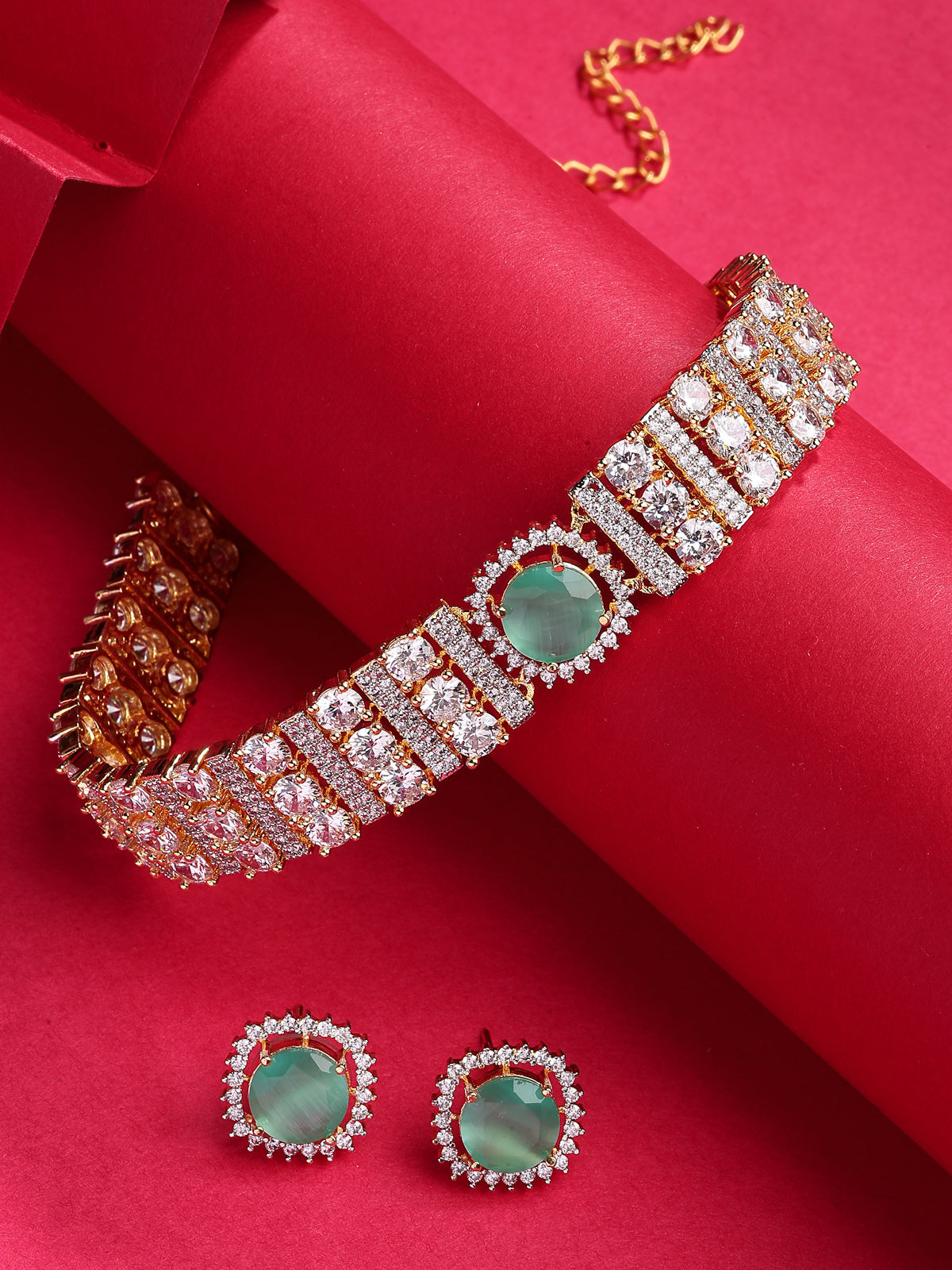 Sukkhi Glamorous Gold Plated Cubic Zirconia Studded Mint Green Brass Choker Necklace with Studs Earrings Jewellery Set for Women|Latest Stylish Gifts for All Occasions|NS116074