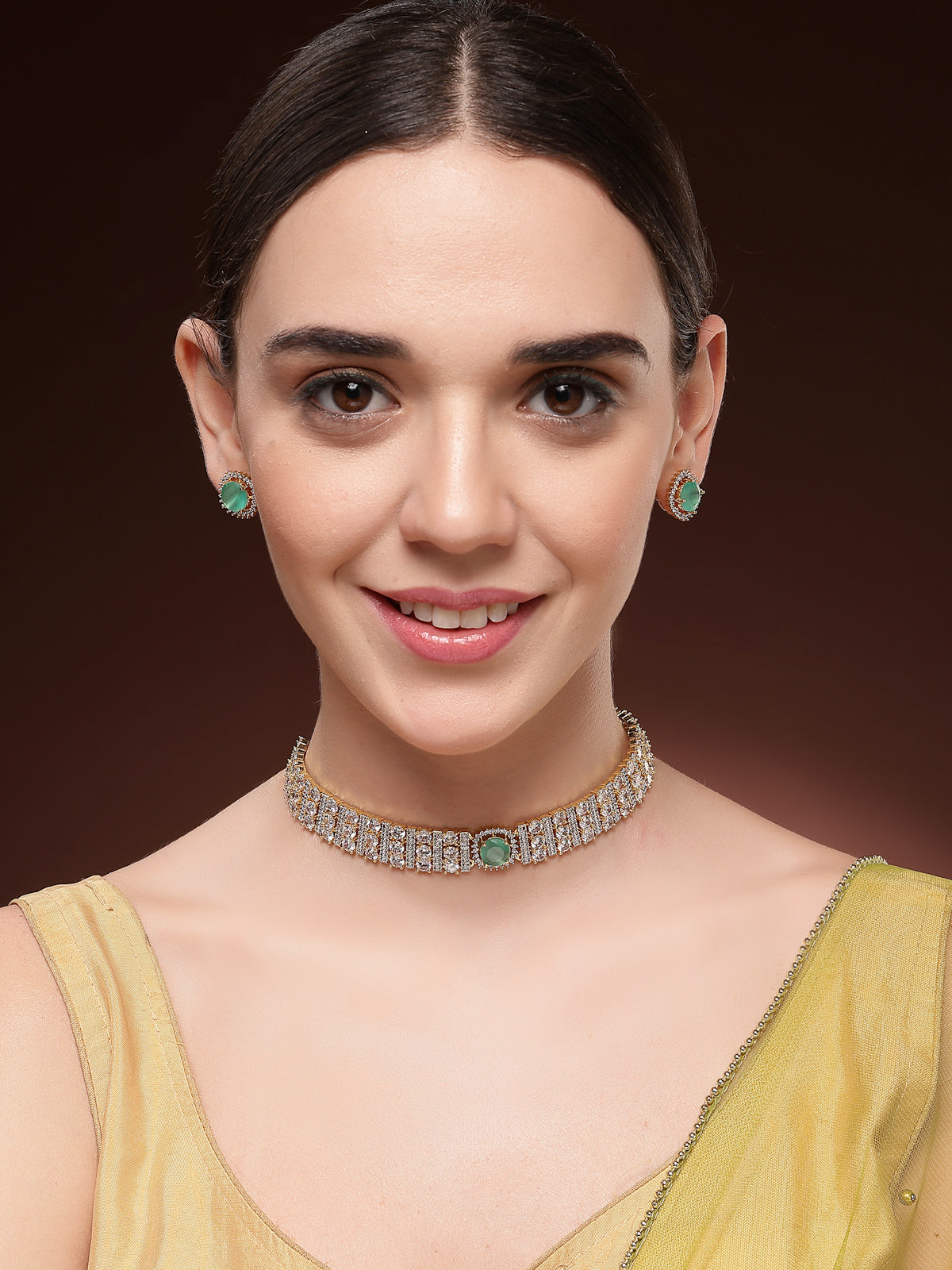 Sukkhi Glamorous Gold Plated Cubic Zirconia Studded Mint Green Brass Choker Necklace with Studs Earrings Jewellery Set for Women|Latest Stylish Gifts for All Occasions|NS116074