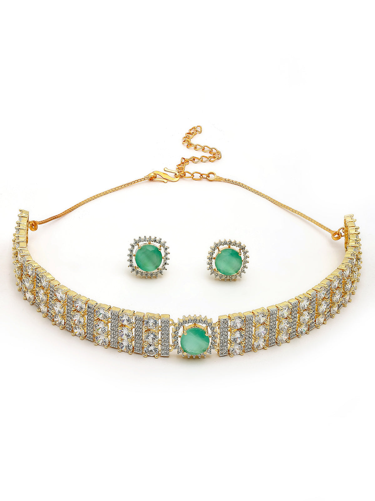 Sukkhi Glamorous Gold Plated Cubic Zirconia Studded Mint Green Brass Choker Necklace with Studs Earrings Jewellery Set for Women|Latest Stylish Gifts for All Occasions|NS116074
