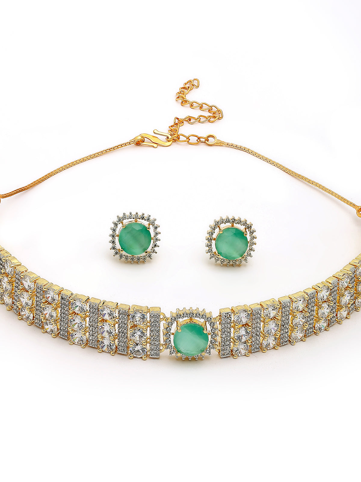 Sukkhi Glamorous Gold Plated Cubic Zirconia Studded Mint Green Brass Choker Necklace with Studs Earrings Jewellery Set for Women|Latest Stylish Gifts for All Occasions|NS116074