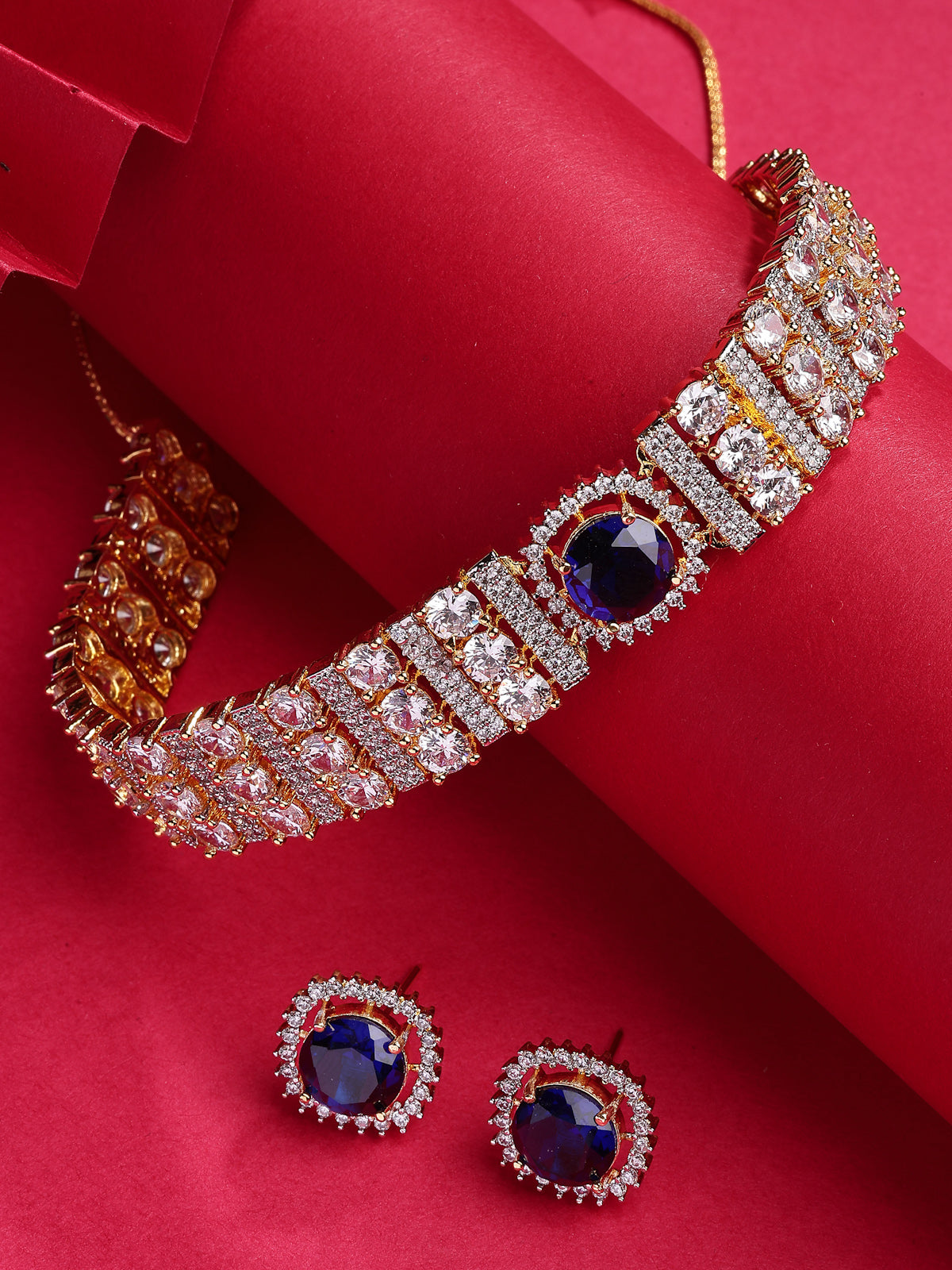 Sukkhi Lavish Gold Plated Cubic Zirconia Studded Blue Brass Choker Necklace with Studs Earrings Jewellery Set for Women|Latest Stylish Gifts for All Occasions|NS116075