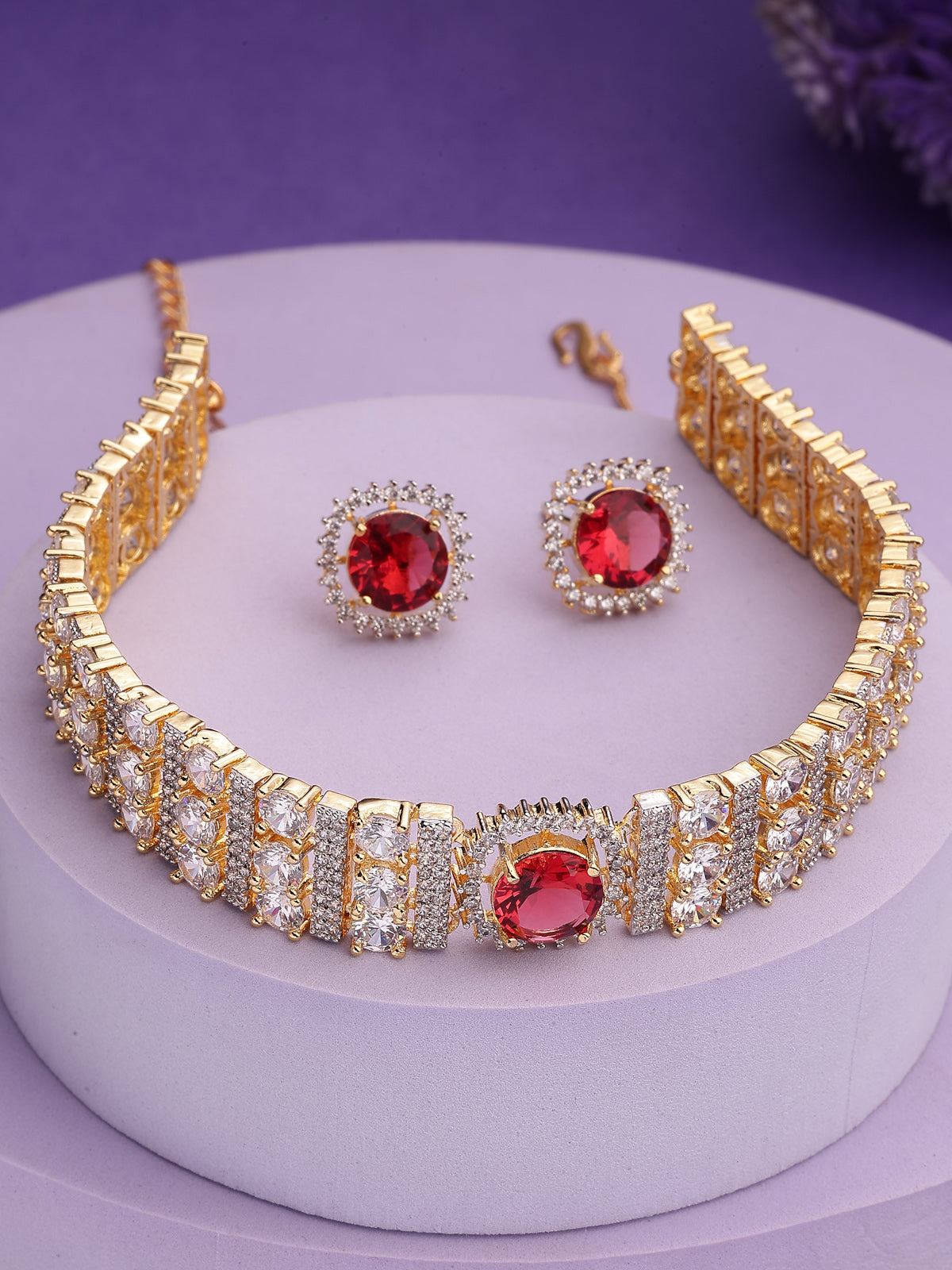 Sukkhi Radiant Red Gold Plated Cubic Zirconia Studded Brass Choker Necklace with Studs Earrings Jewellery Set for Women|Latest Stylish Gifts for All Occasions|NS116076
