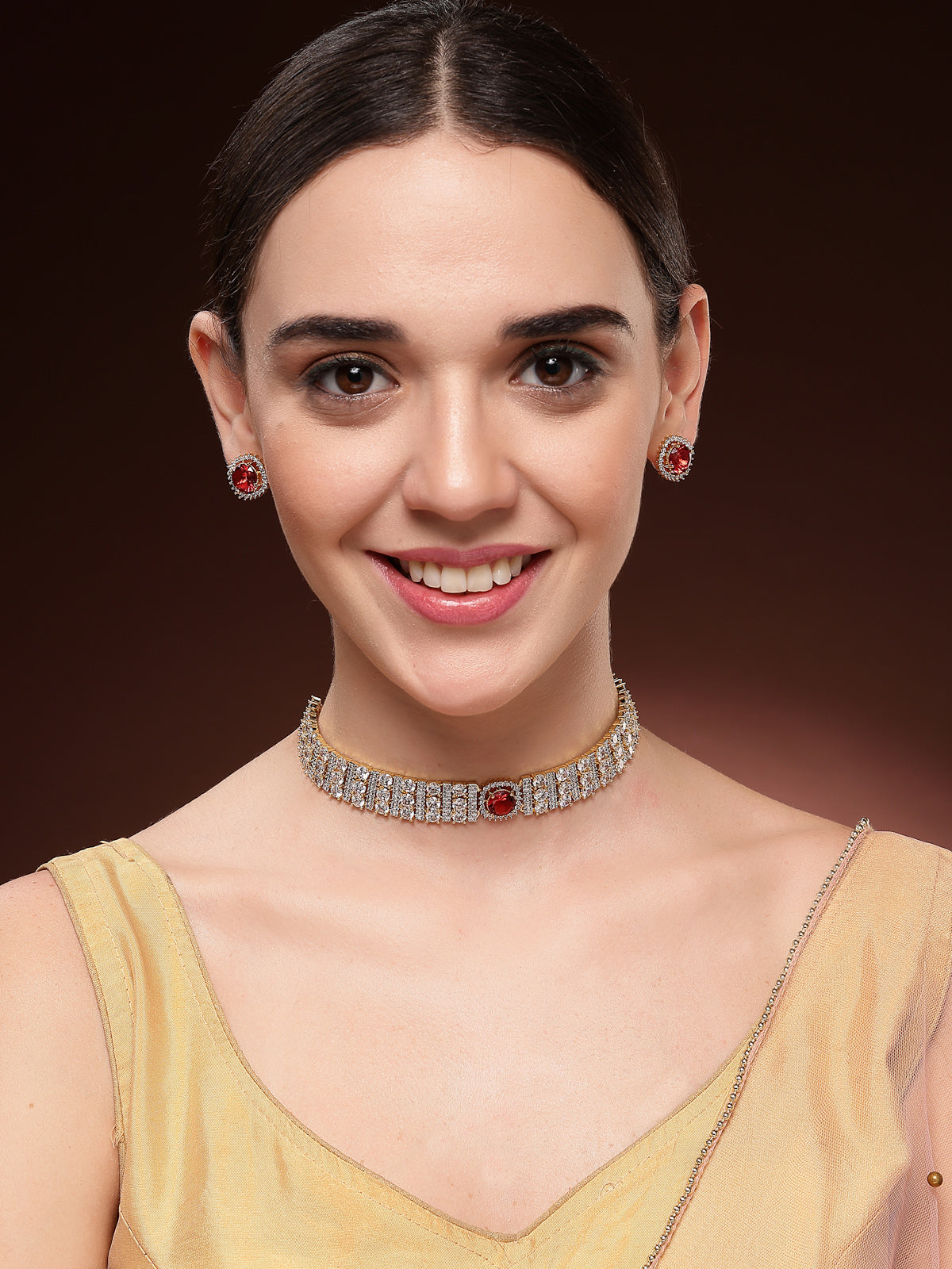 Sukkhi Radiant Red Gold Plated Cubic Zirconia Studded Brass Choker Necklace with Studs Earrings Jewellery Set for Women|Latest Stylish Gifts for All Occasions|NS116076