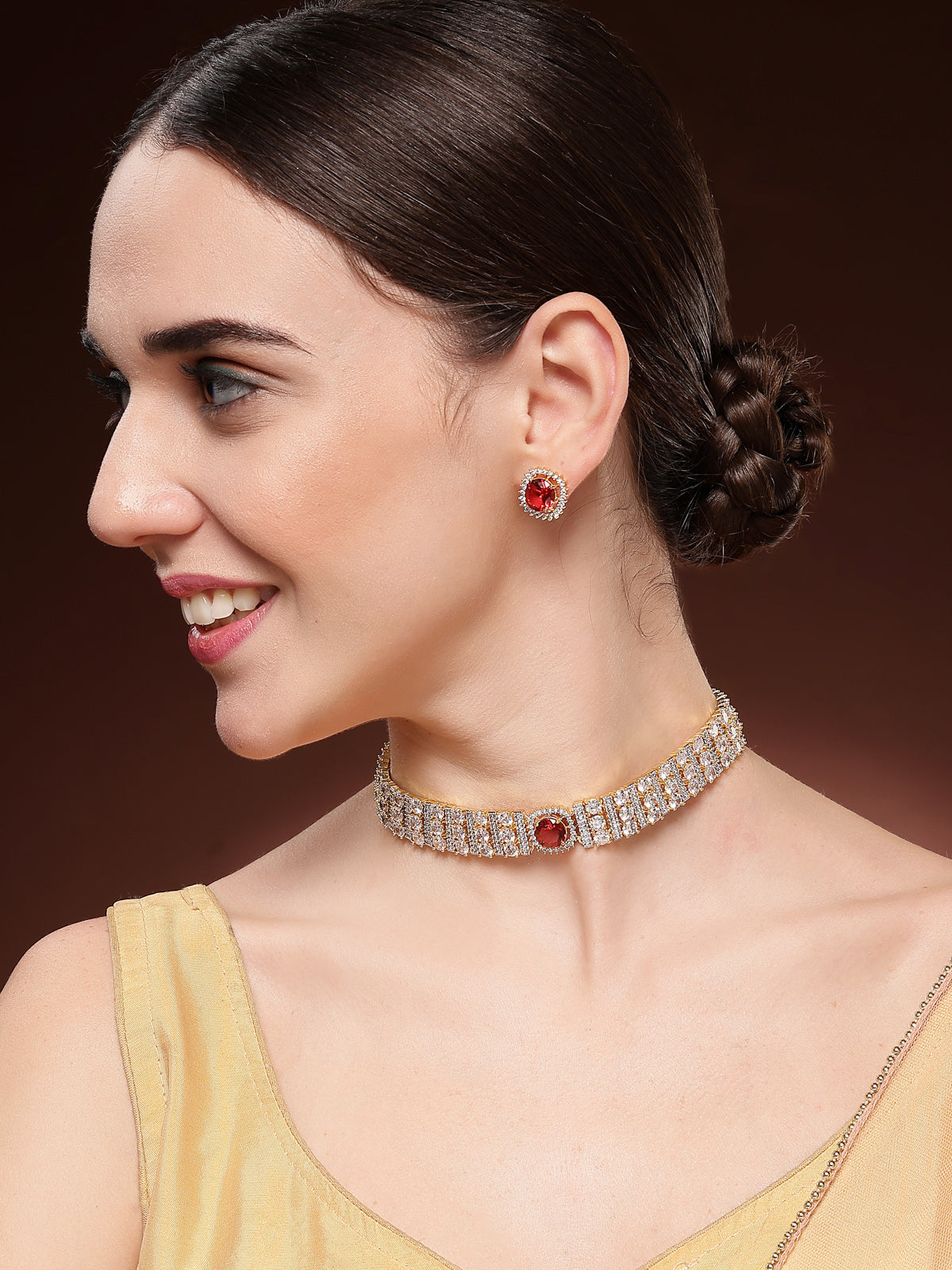 Sukkhi Radiant Red Gold Plated Cubic Zirconia Studded Brass Choker Necklace with Studs Earrings Jewellery Set for Women|Latest Stylish Gifts for All Occasions|NS116076