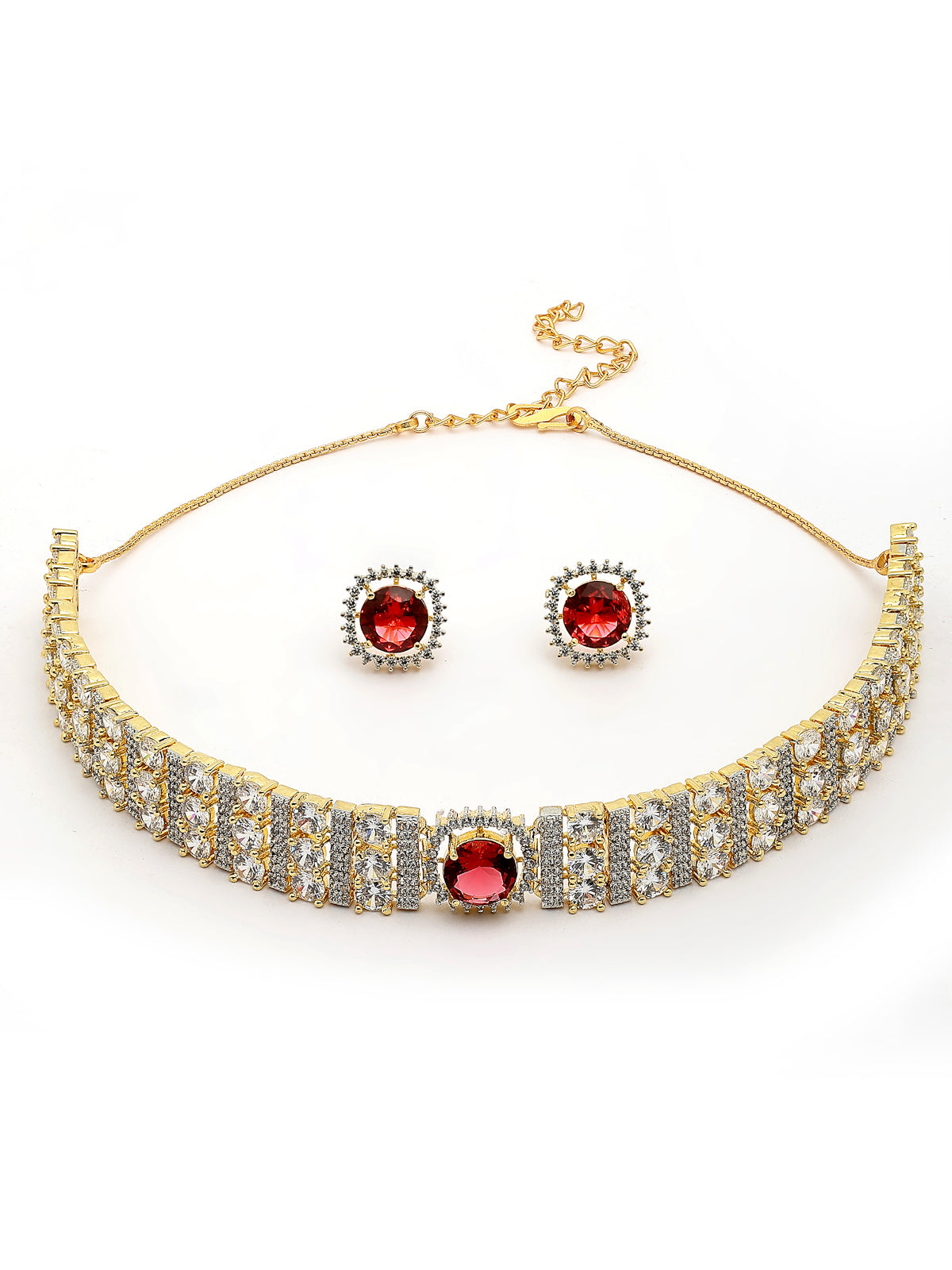 Sukkhi Radiant Red Gold Plated Cubic Zirconia Studded Brass Choker Necklace with Studs Earrings Jewellery Set for Women|Latest Stylish Gifts for All Occasions|NS116076