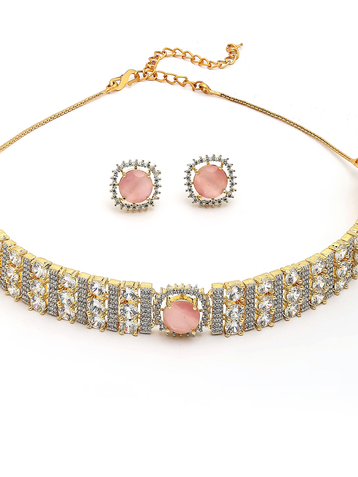 Sukkhi Attractive Pink Gold Plated Cubic Zirconia Studded Brass Choker Necklace with Studs Earrings Jewellery Set for Women|Latest Stylish Gifts for All Occasions|NS116077