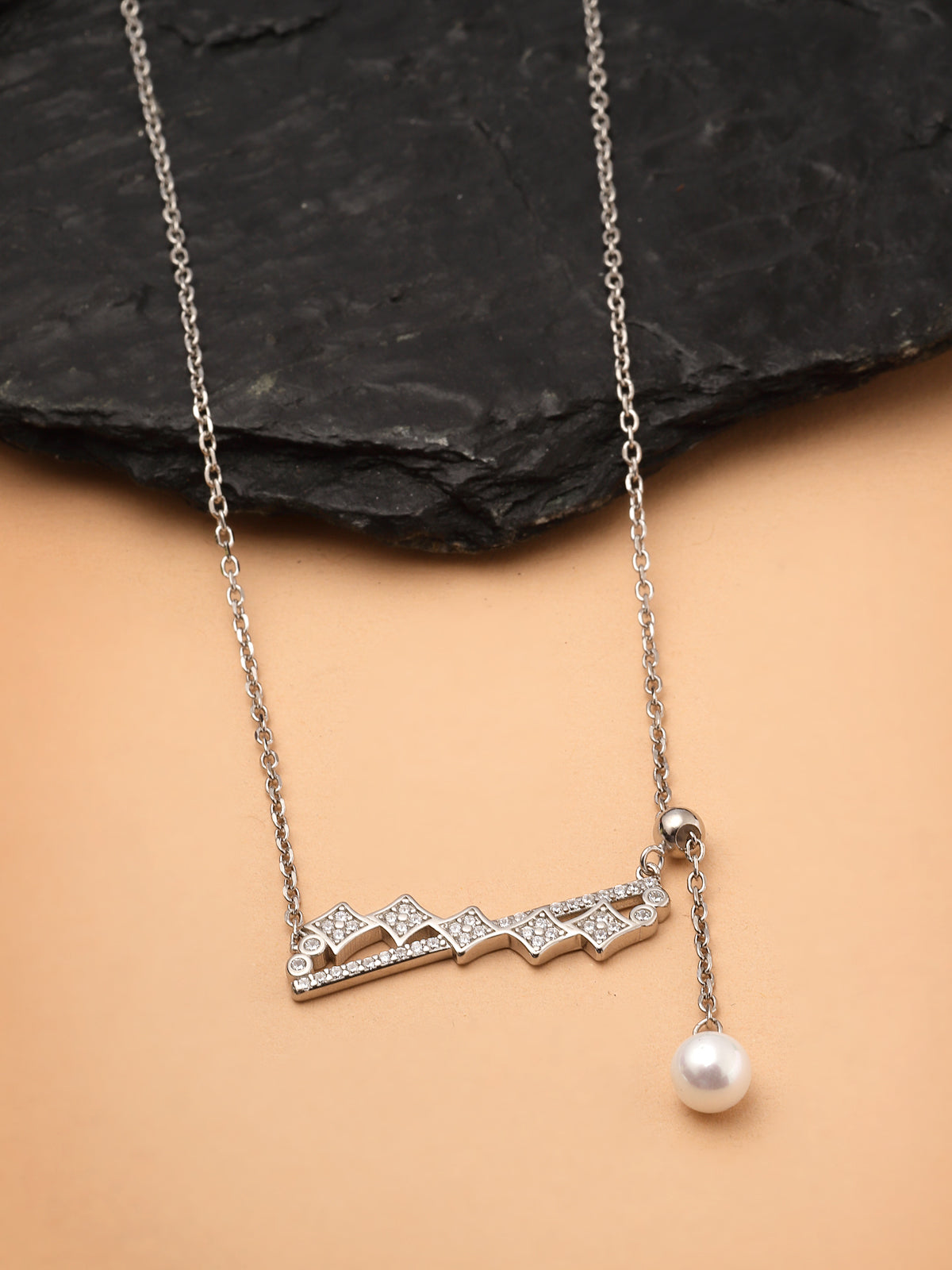 Pissara by Sukkhi Exquitely 925 Sterling Silver Square Shaped Cubic Zirconia Pendant With Chain For Women & Girls|with Authenticity Certificate, 925 Stamp & 6 Months Warranty P105193