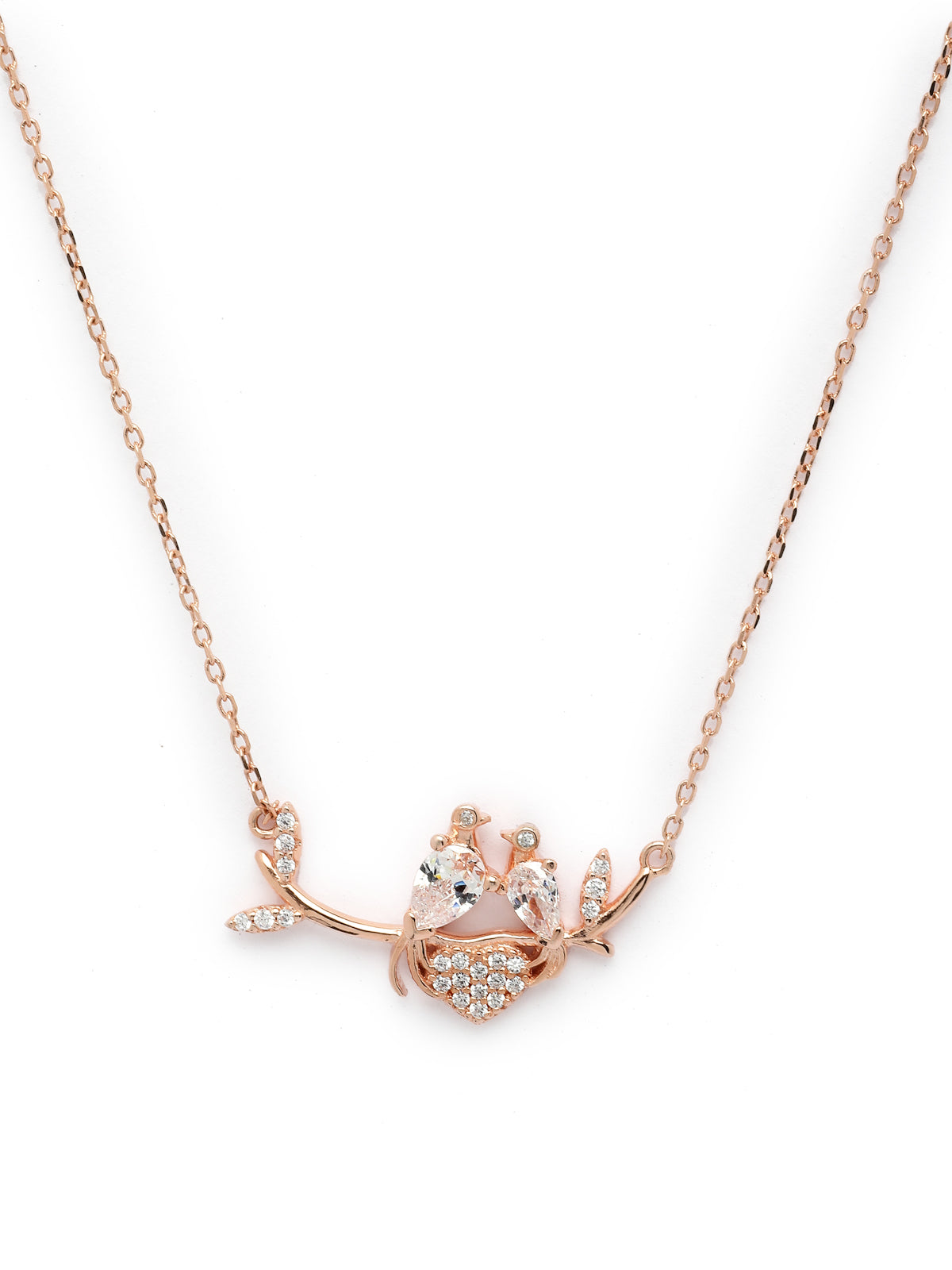 Pissara by Sukkhi Magnificent 925 Sterling Silver Love Birds & Heart Shaped Rose Gold Plated Cubic Zirconia Pendant With Chain For Women & Girls|with Authenticity Certificate, 925 Stamp & 6 Months Warranty P105195