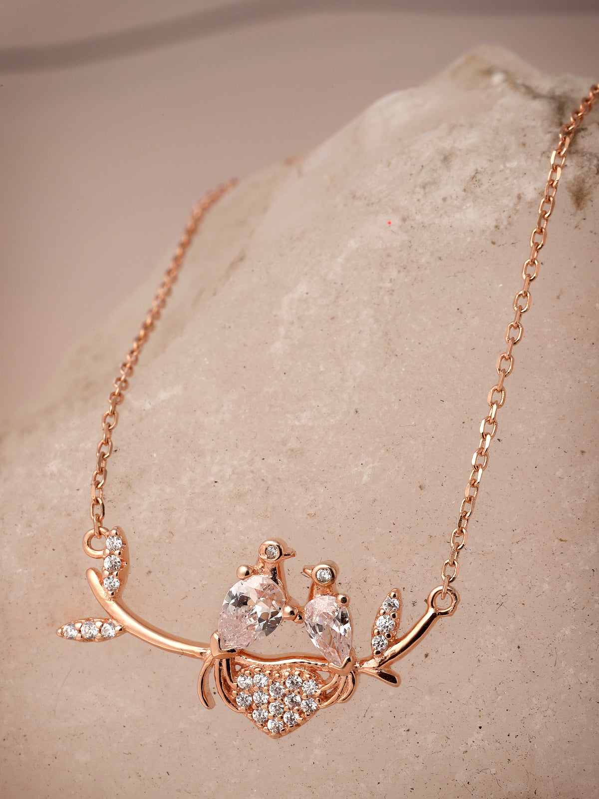 Pissara by Sukkhi Magnificent 925 Sterling Silver Love Birds & Heart Shaped Rose Gold Plated Cubic Zirconia Pendant With Chain For Women & Girls|with Authenticity Certificate, 925 Stamp & 6 Months Warranty P105195