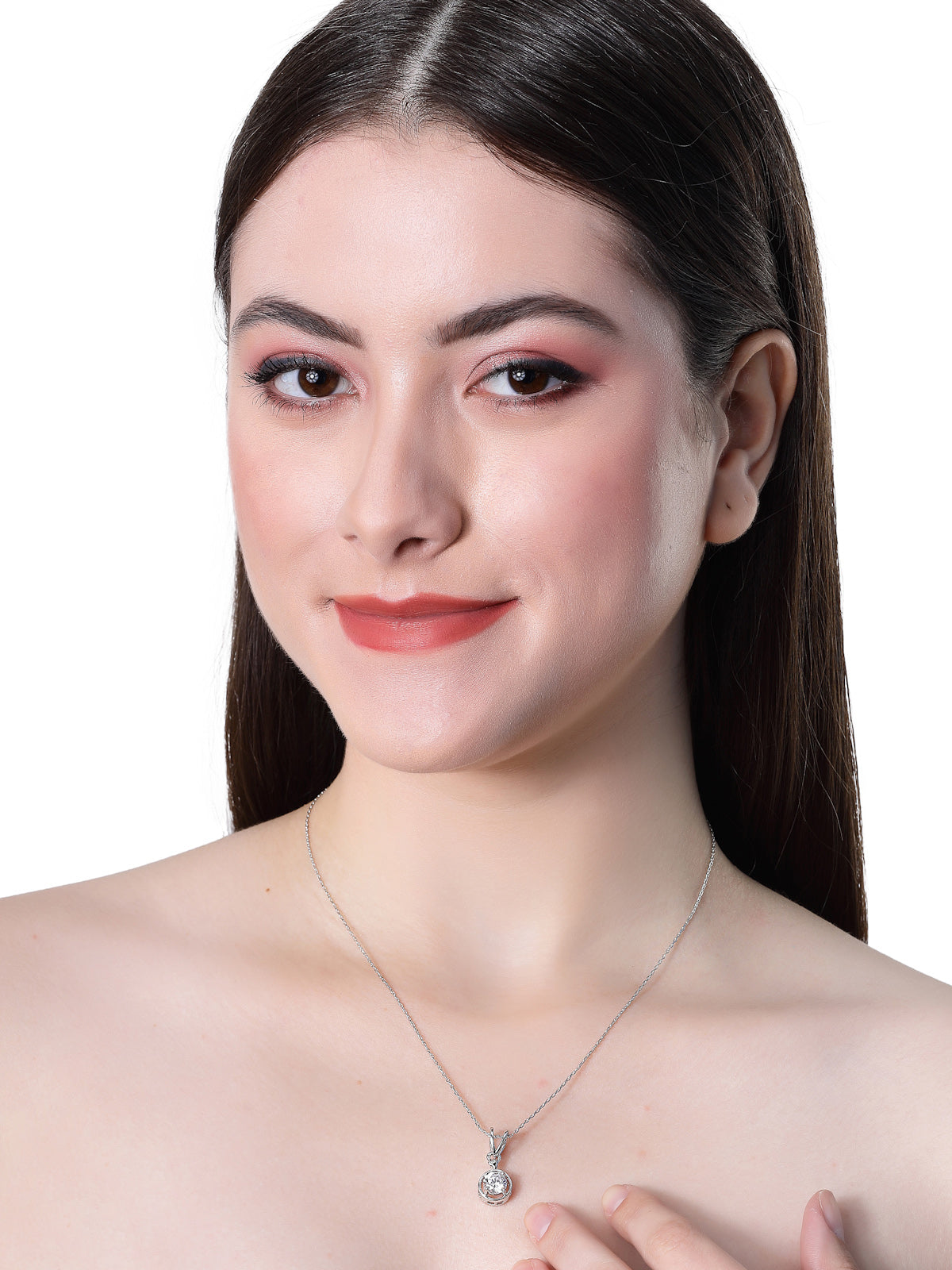 Pissara by Sukkhi Finely 925 Sterling Silver Round Shaped Cubic Zirconia Pendant With Chain For Women & Girls|with Authenticity Certificate, 925 Stamp & 6 Months Warranty P105212