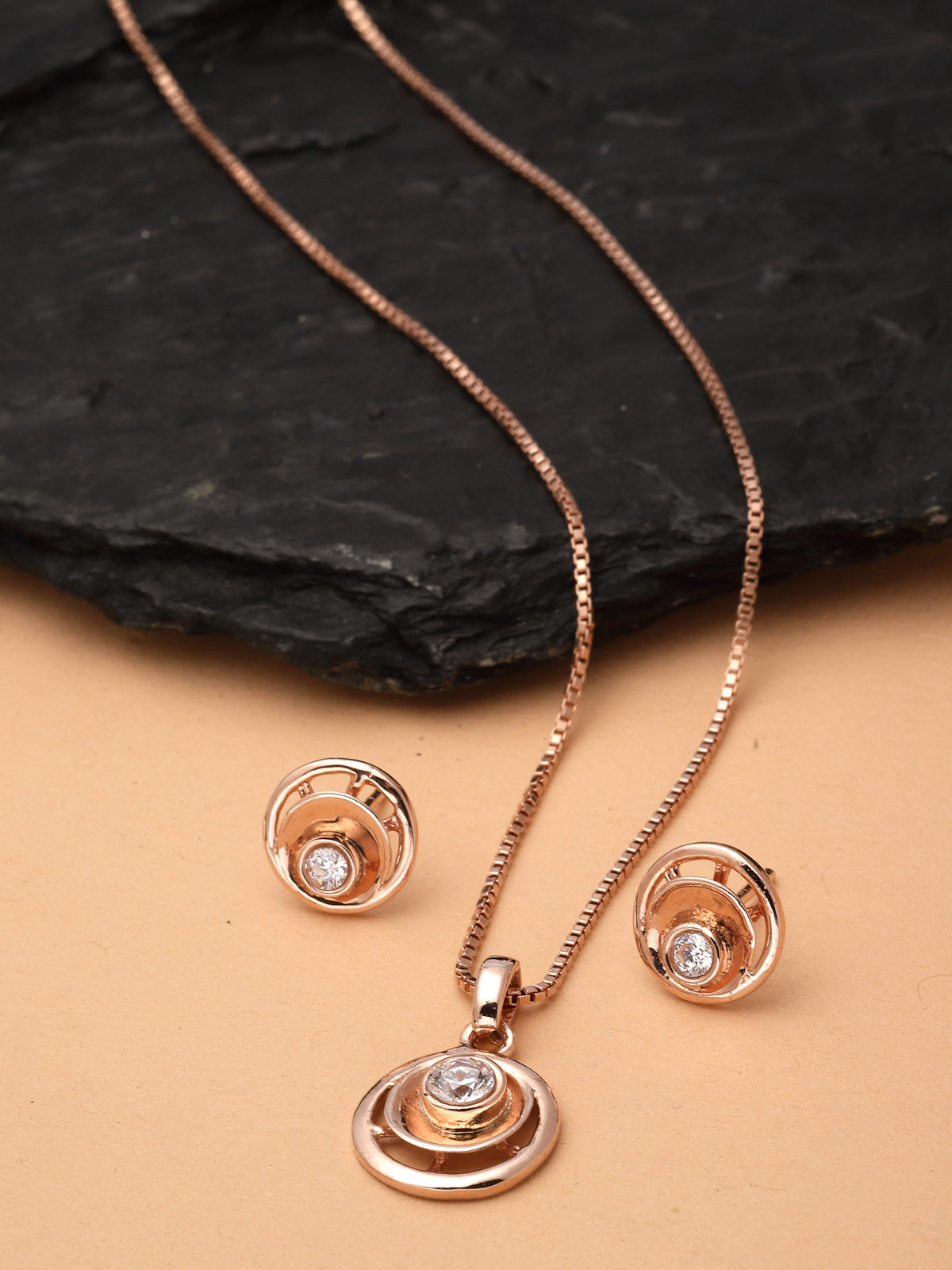 Pissara by Sukkhi Sleek 925 Sterling Silver Round Shaped Rose Gold Plated Cubic Zirconia Pendant Set For Women & Girls|with Authenticity Certificate, 925 Stamp & 6 Months Warranty PS105214