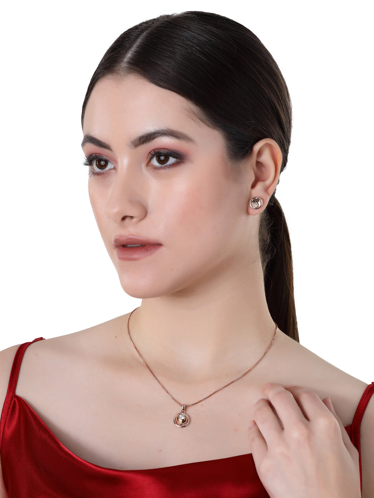 Pissara by Sukkhi Sleek 925 Sterling Silver Round Shaped Rose Gold Plated Cubic Zirconia Pendant Set For Women & Girls|with Authenticity Certificate, 925 Stamp & 6 Months Warranty PS105214