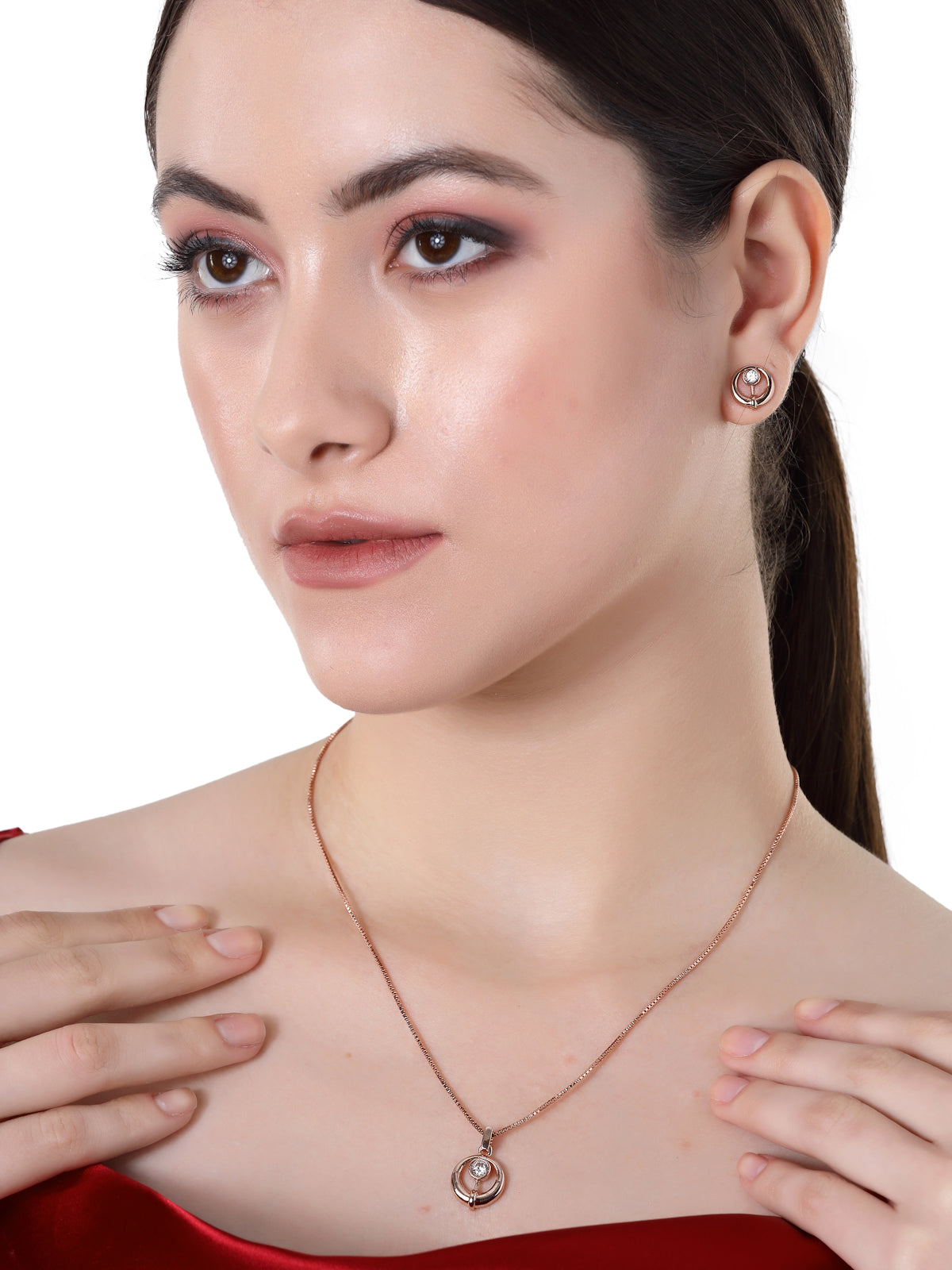 Pissara by Sukkhi Lavish 925 Sterling Silver Round Shaped Rose Gold Plated Cubic Zirconia Pendant Set For Women & Girls|with Authenticity Certificate, 925 Stamp & 6 Months Warranty PS105215