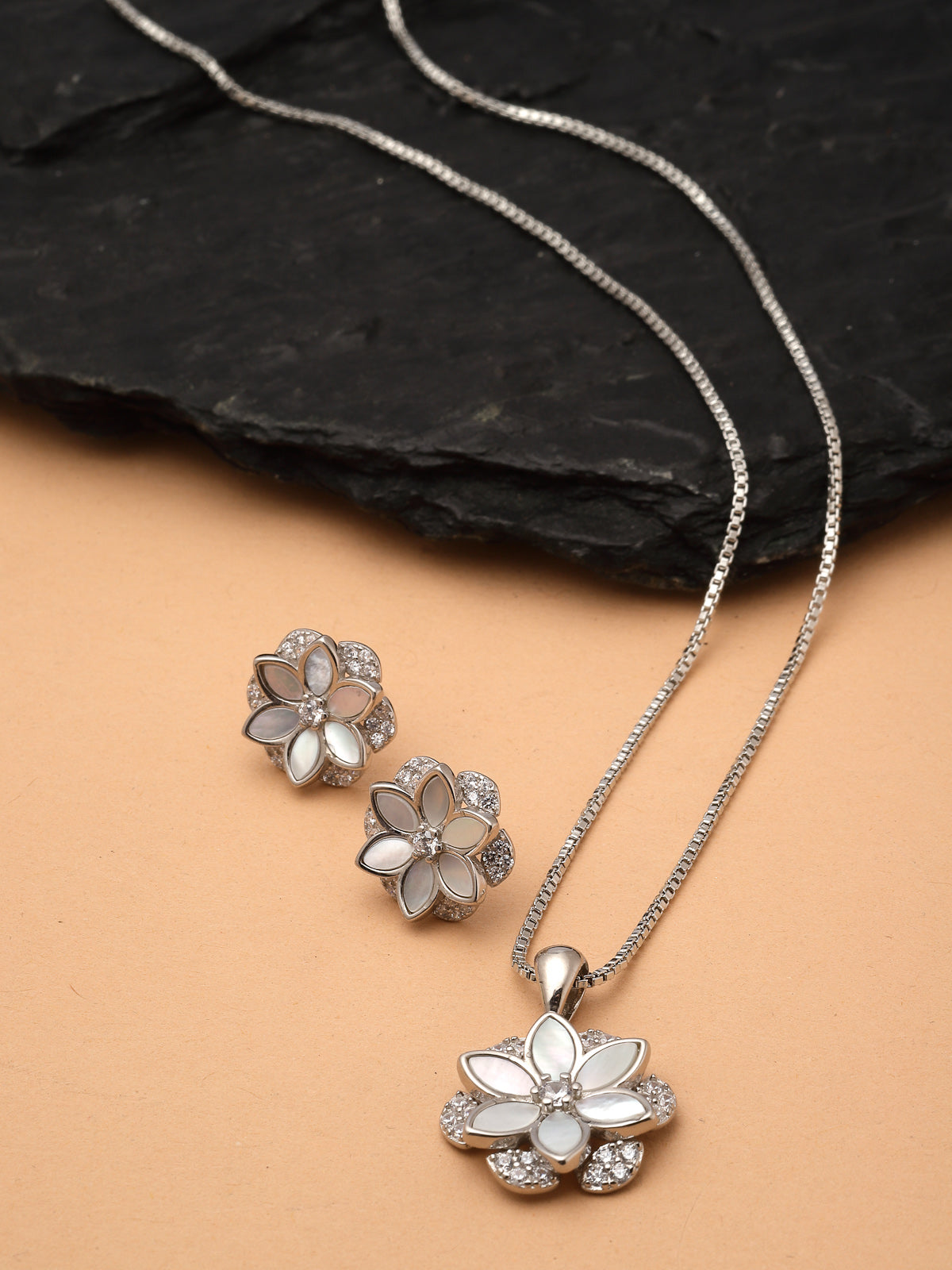 Pissara by Sukkhi Attractive 925 Sterling Silver Floral Shaped Cubic Zirconia Pendant Set For Women & Girls|with Authenticity Certificate, 925 Stamp & 6 Months Warranty PS105216