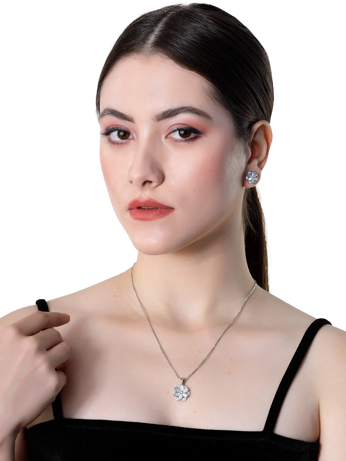 Pissara by Sukkhi Attractive 925 Sterling Silver Floral Shaped Cubic Zirconia Pendant Set For Women & Girls|with Authenticity Certificate, 925 Stamp & 6 Months Warranty PS105216