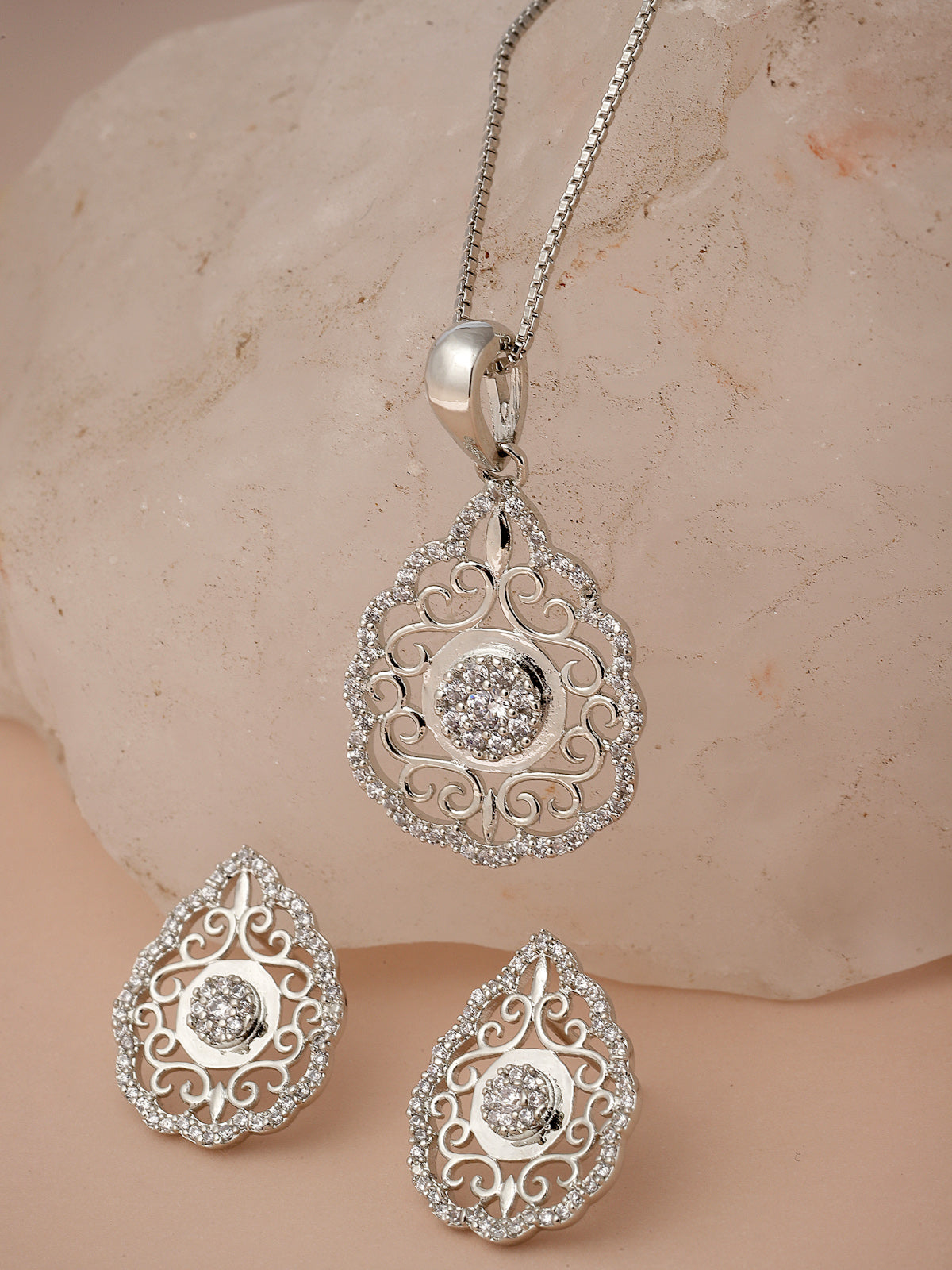 Pissara by Sukkhi Magnificent 925 Sterling Silver Filigree Shaped Cubic Zirconia Pendant Set For Women & Girls|with Authenticity Certificate, 925 Stamp & 6 Months Warranty PS105219