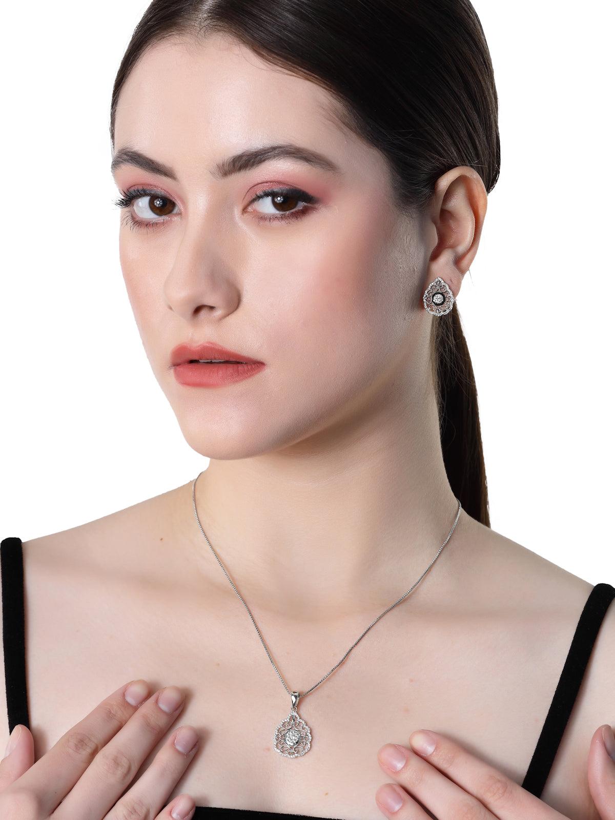 Pissara by Sukkhi Magnificent 925 Sterling Silver Filigree Shaped Cubic Zirconia Pendant Set For Women & Girls|with Authenticity Certificate, 925 Stamp & 6 Months Warranty PS105219