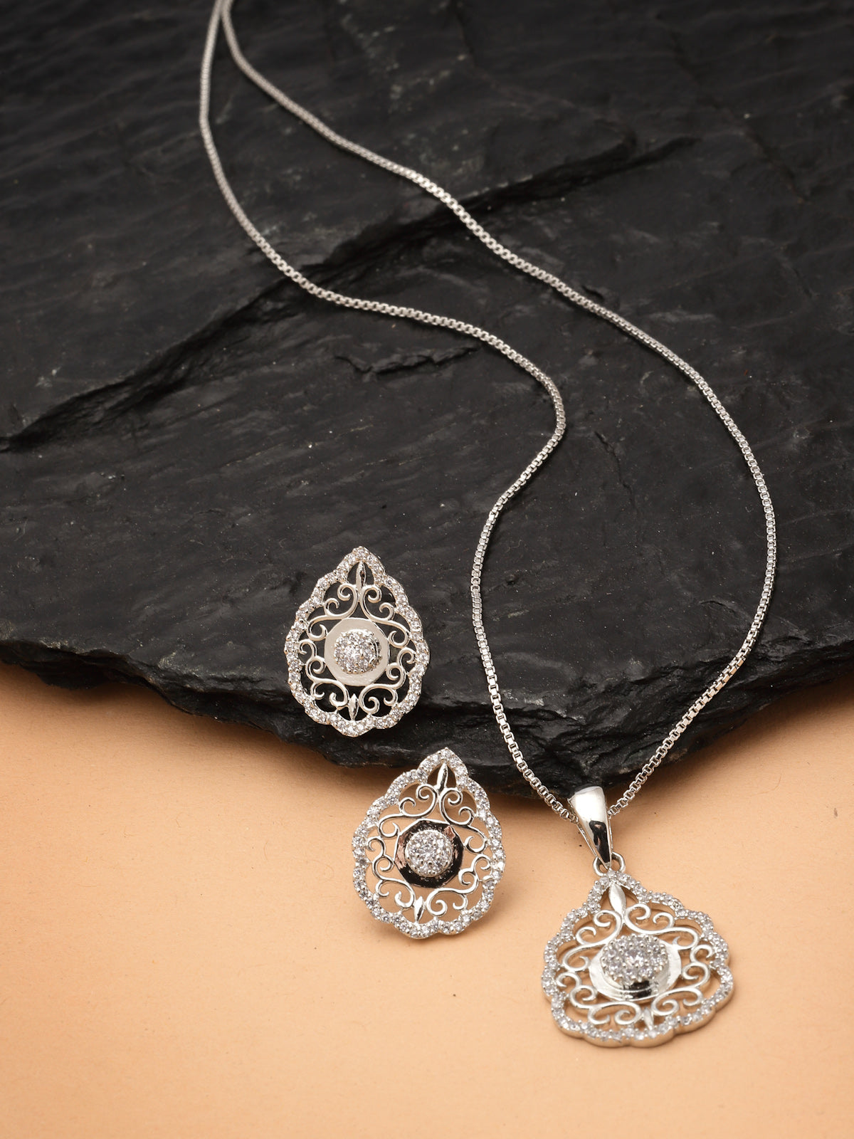 Pissara by Sukkhi Magnificent 925 Sterling Silver Filigree Shaped Cubic Zirconia Pendant Set For Women & Girls|with Authenticity Certificate, 925 Stamp & 6 Months Warranty PS105219