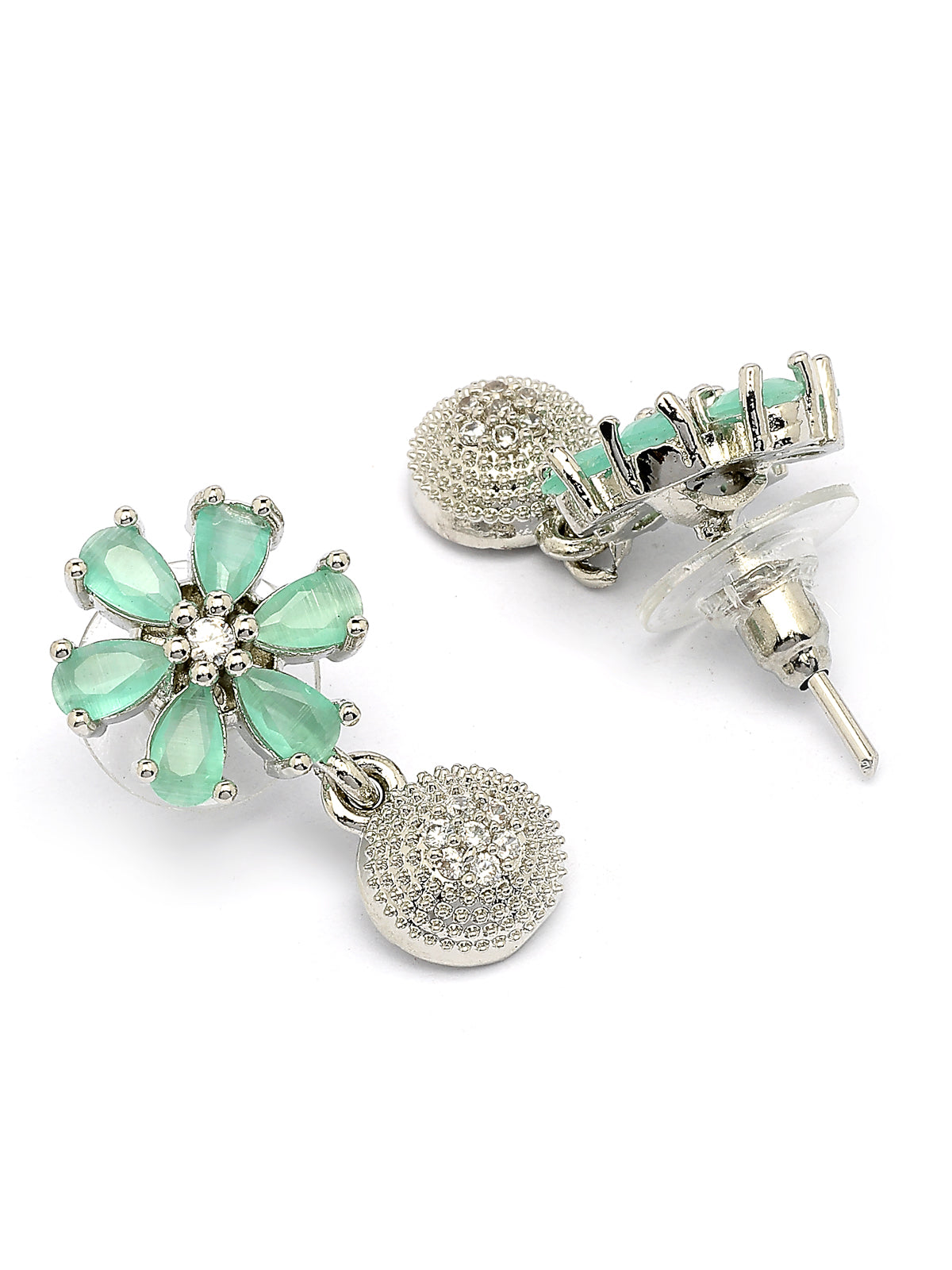 Sukkhi Nice-Looking Stylish Rhodium Plated Silver Toned Green Cubic Zirconia Studded Floral Shaped Cute Pendant with Box Chain & Drop Earrings Jewellery Set for Women & Girls |PS107432