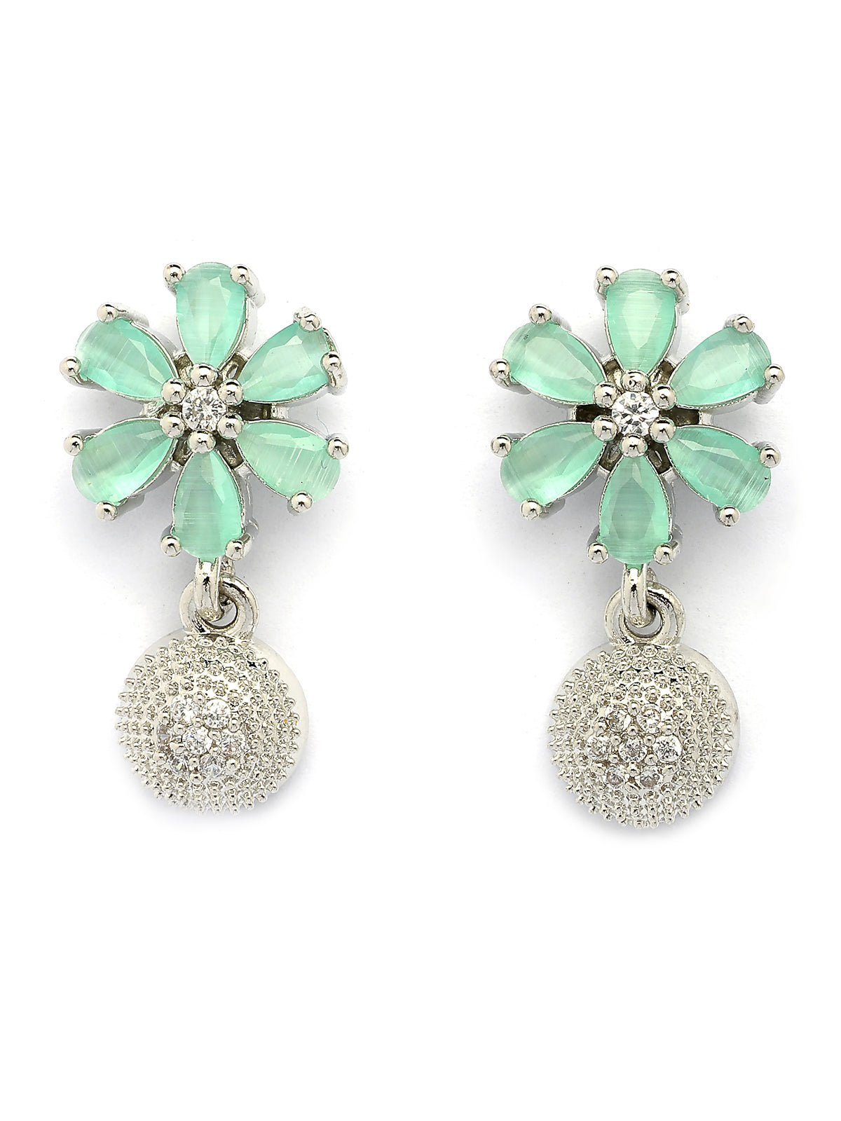 Sukkhi Nice-Looking Stylish Rhodium Plated Silver Toned Green Cubic Zirconia Studded Floral Shaped Cute Pendant with Box Chain & Drop Earrings Jewellery Set for Women & Girls |PS107432