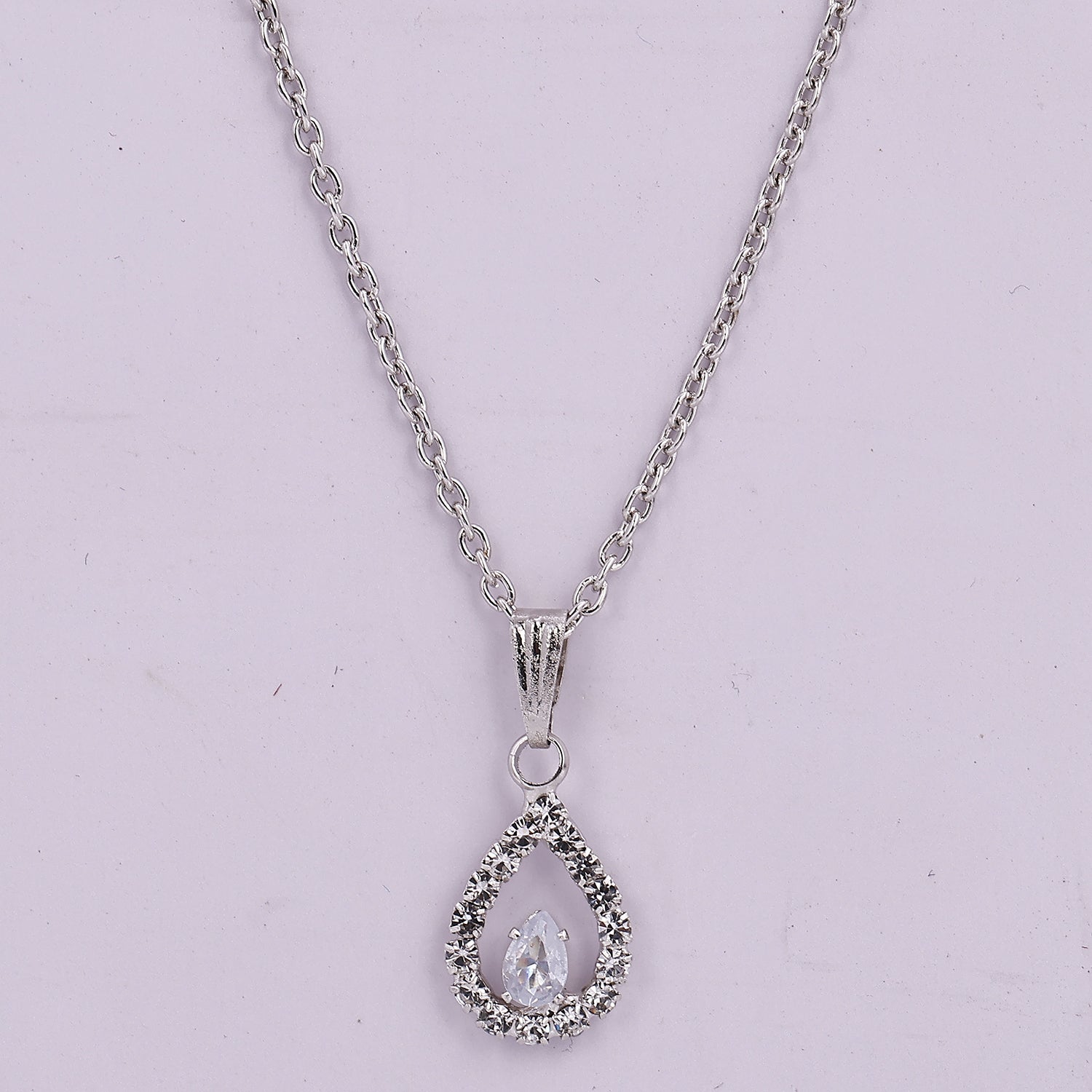 Sukkhi Pear Shaped Silver AD Stones Pendant with Chain Set for Women