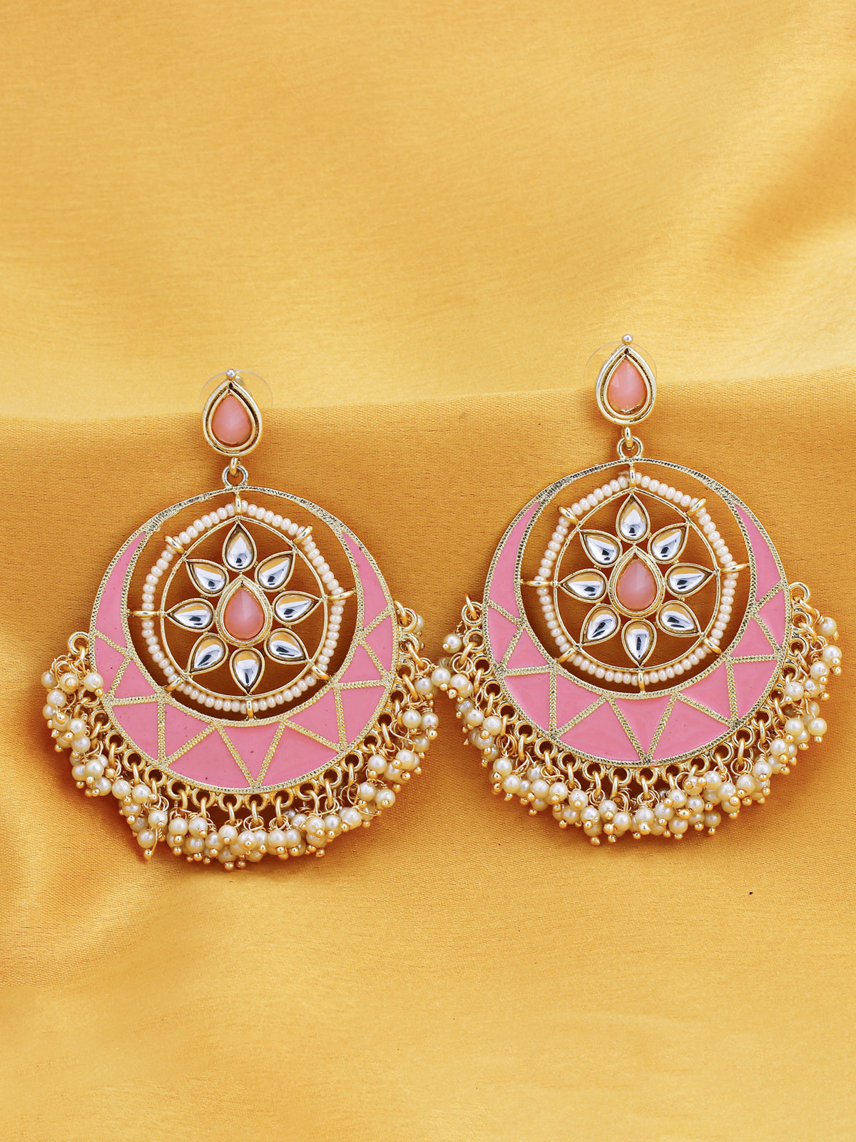 Sukkhi Dazzling Pearl Gold Plated Kundan Meenakari Chandbali Earring for Women SKR56735