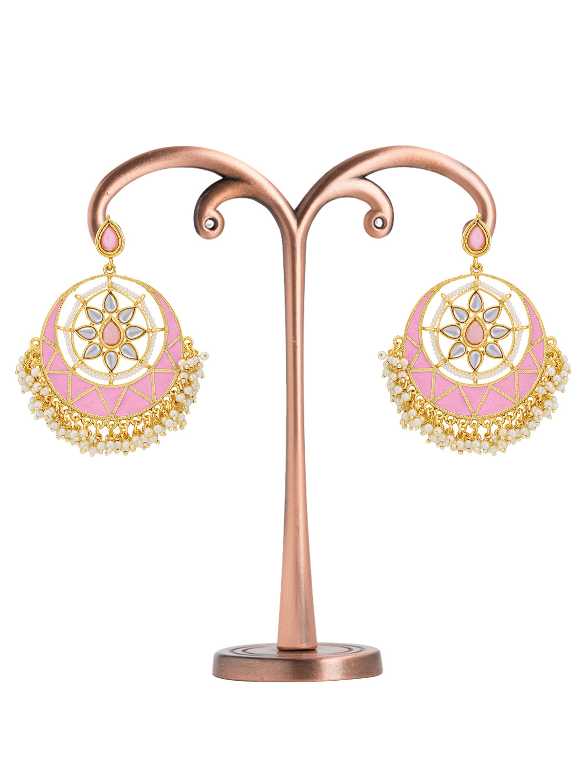 Sukkhi Dazzling Pearl Gold Plated Kundan Meenakari Chandbali Earring for Women SKR56735