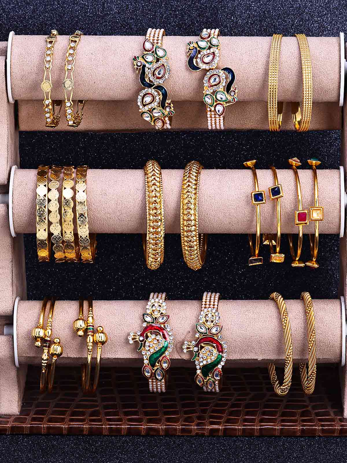 Sukkhi Stunning Pearl Gold Plated Peacock Meenakari Bangle Set Combo for Women SKR57809