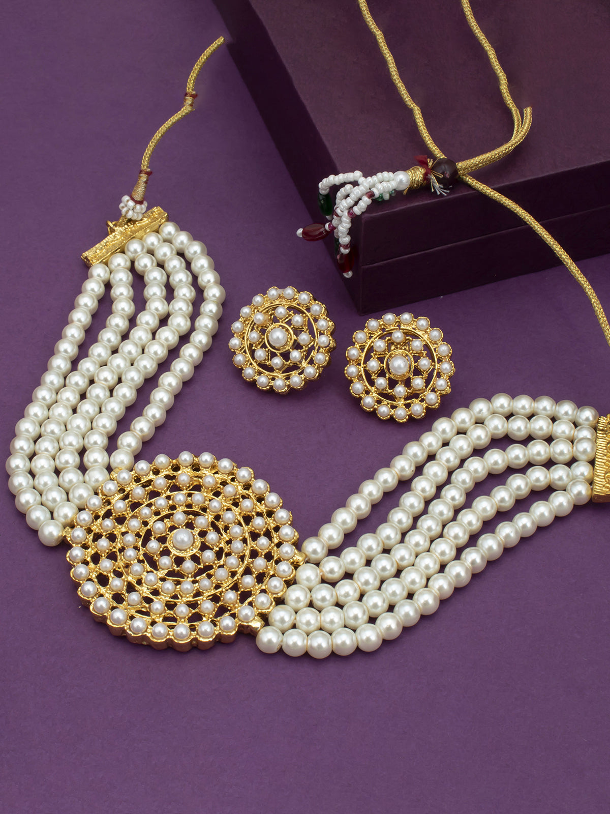 Sukkhi Lavish Gold Plated White Pearl Choker Necklace Set for Women SKR69591