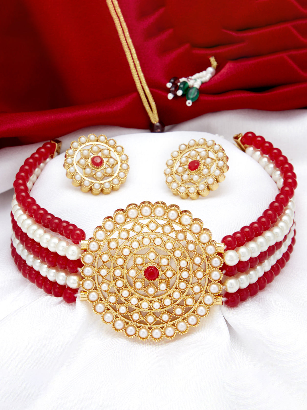 Sukkhi Cluster Gold Plated Red & White Pearl Choker Necklace Set for Women SKR70054