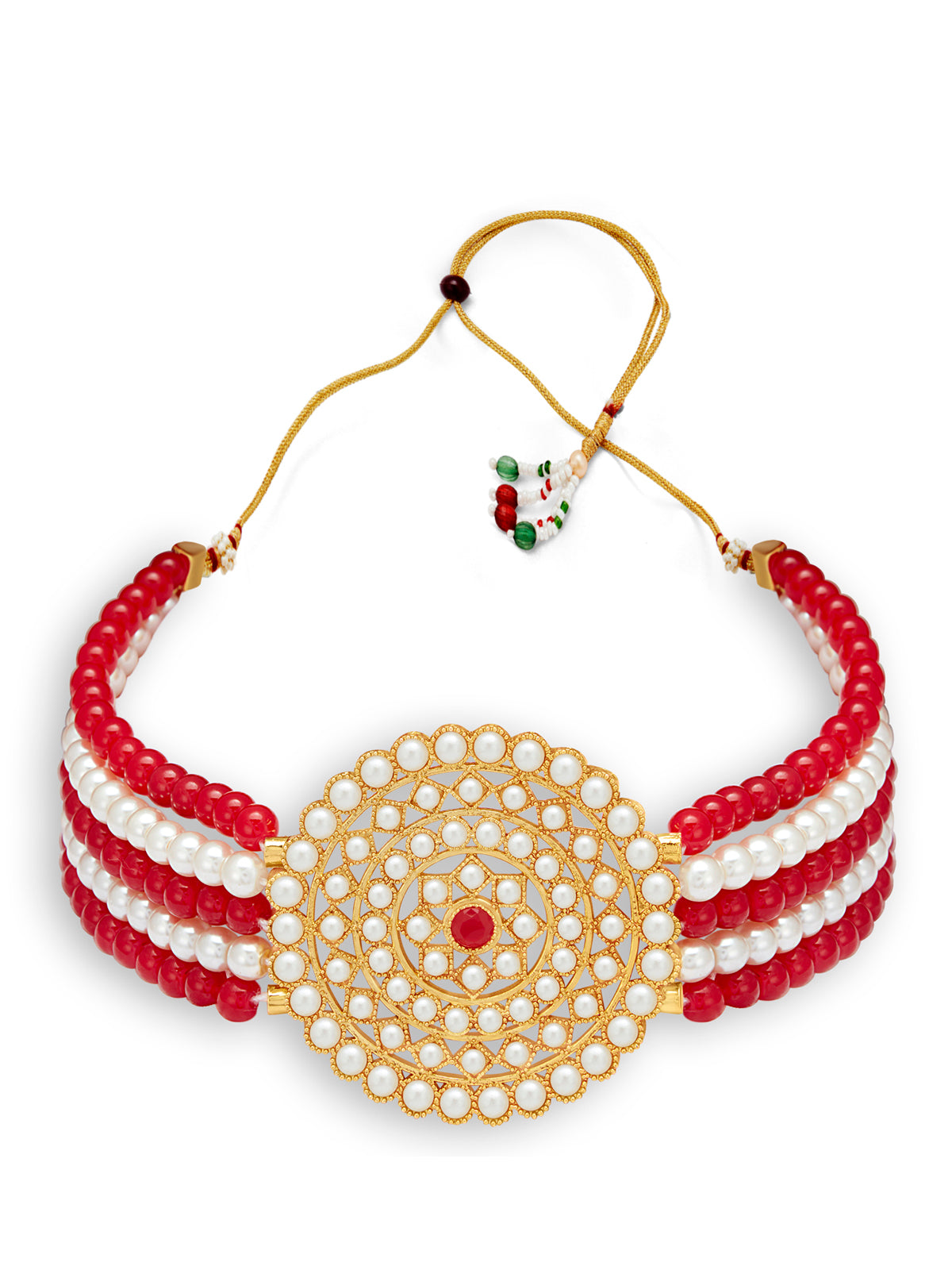 Sukkhi Cluster Gold Plated Red & White Pearl Choker Necklace Set for Women SKR70054
