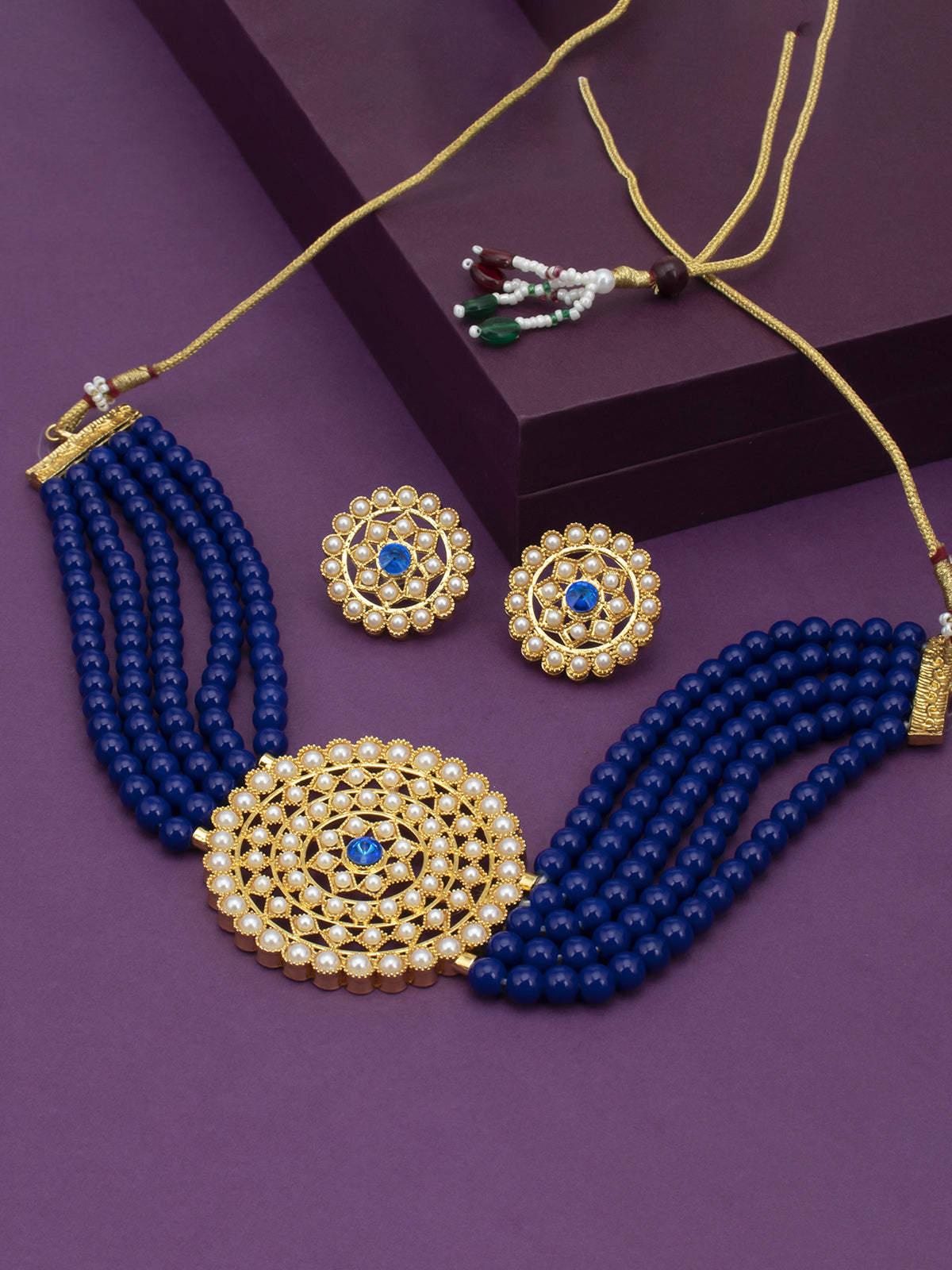 Sukkhi Lovely Gold Plated Dark Blue Pearl Choker Necklace Set for Women SKR70058