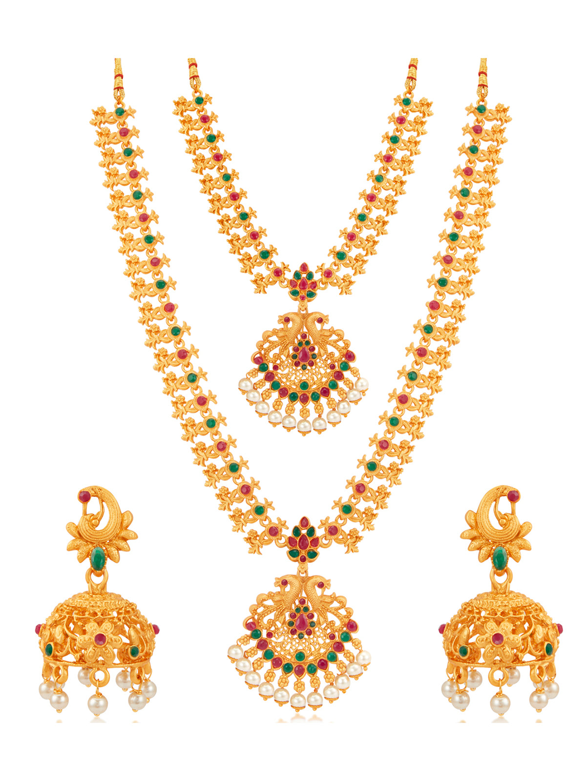 Sukkhi Ethnic Pearl Gold Plated Floral Peacock Long Haram Necklace Set for Women SKR70418
