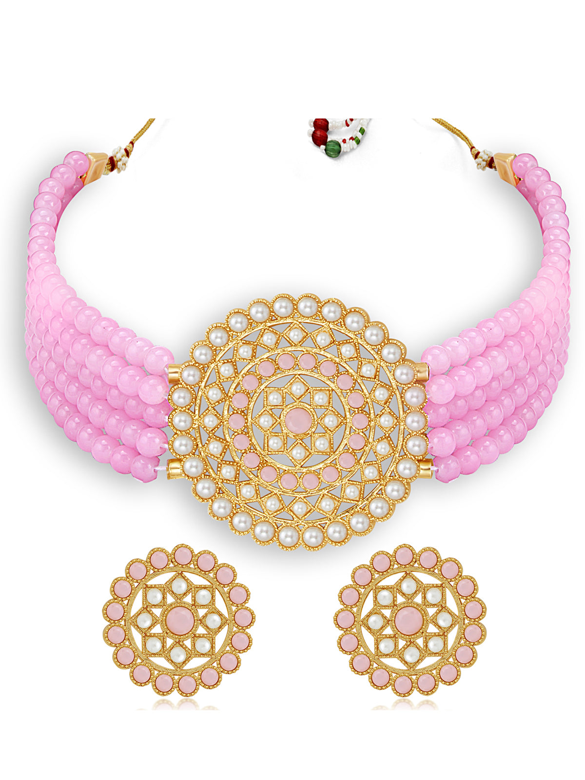 Sukkhi Classic Gold Plated Pastel Pink & White Pearl Choker Necklace Set for Women SKR70451