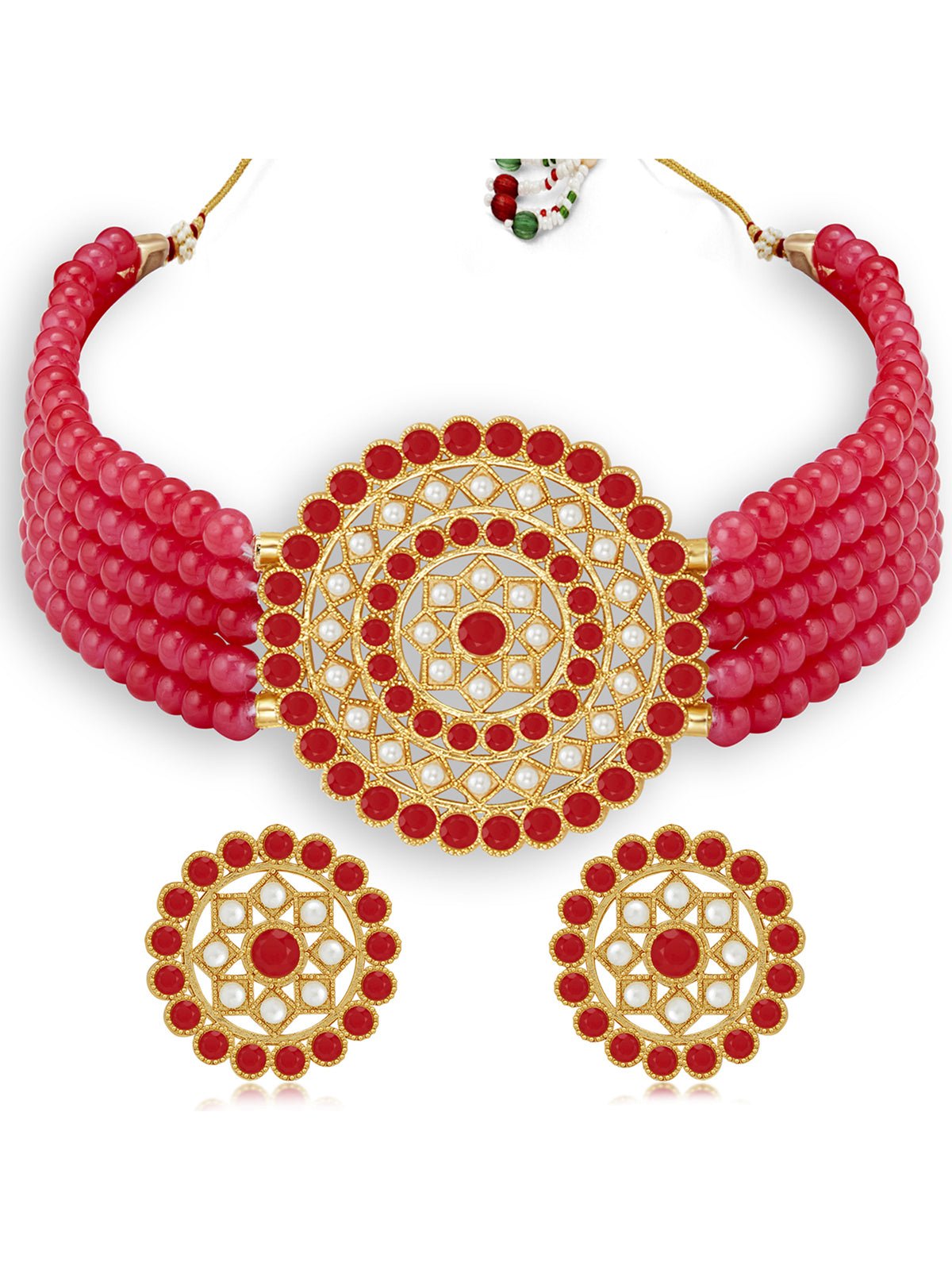 Sukkhi Eye-Catchy Gold Plated Red & White Pearl Choker Necklace Set for Women SKR70452