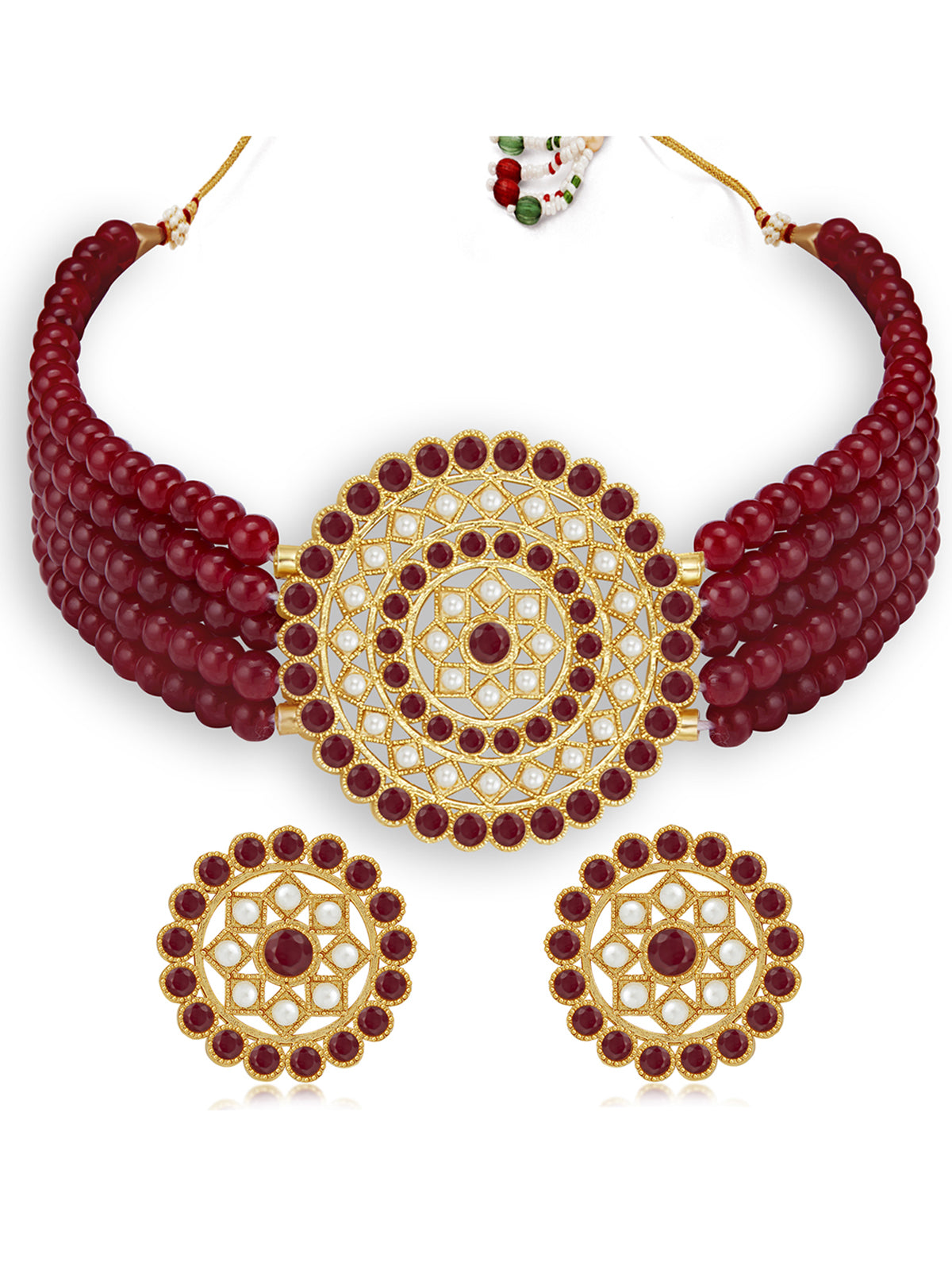 Sukkhi Incredible Gold Plated Maroon & White Pearl Choker Necklace Set for Women SKR70453
