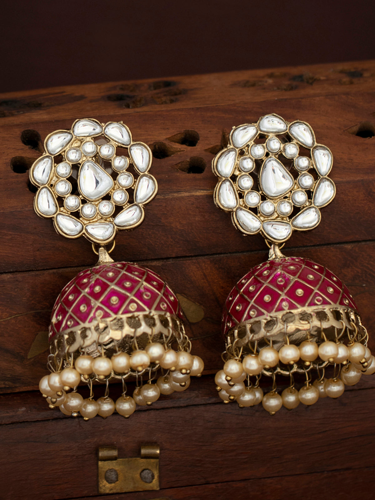 Sukkhi Classy Pearl Gold Plated Kundan Meenakari Jhumki Earring for Women SKR73331