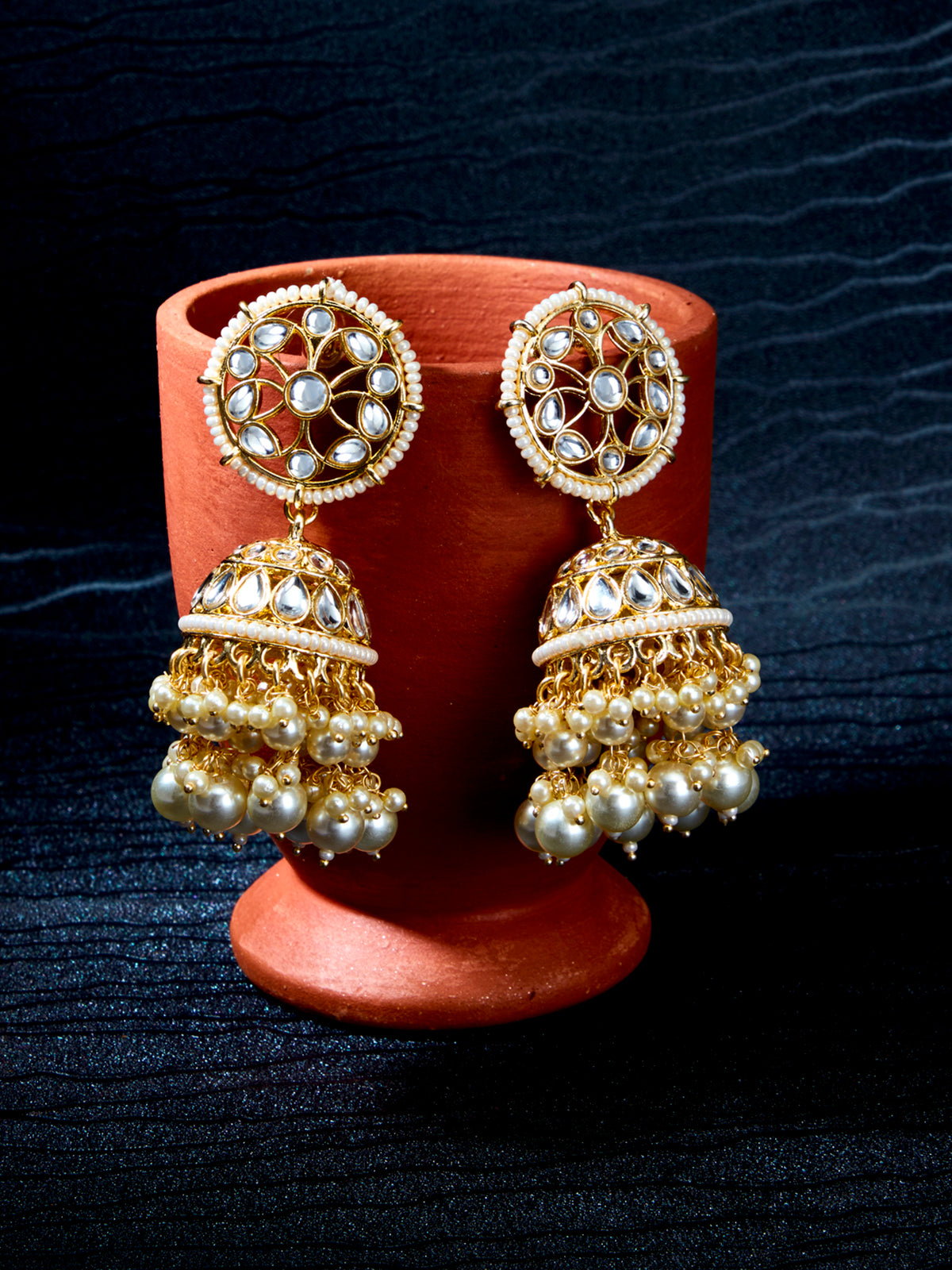 Sukkhi Delicate Kundan Gold Plated Pearl Jumki Earring Set for Women SKR85640