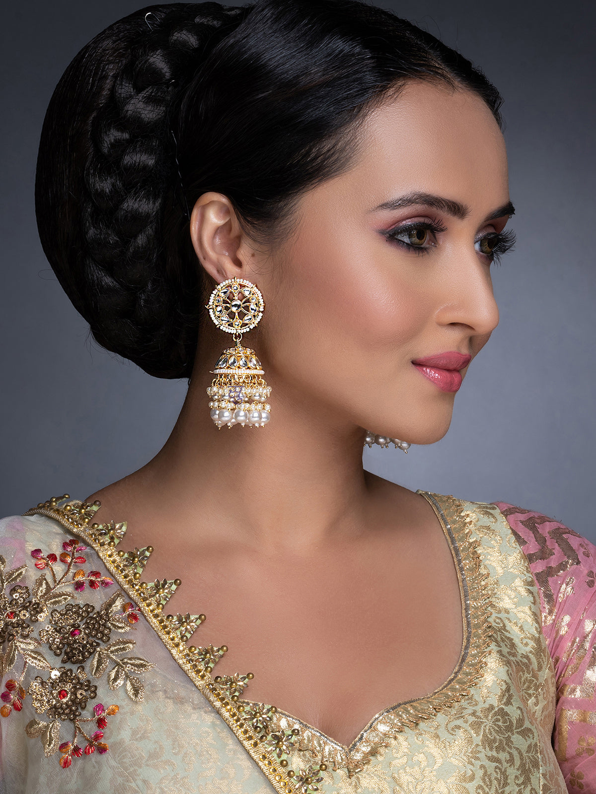 Sukkhi Delicate Kundan Gold Plated Pearl Jumki Earring Set for Women SKR85640