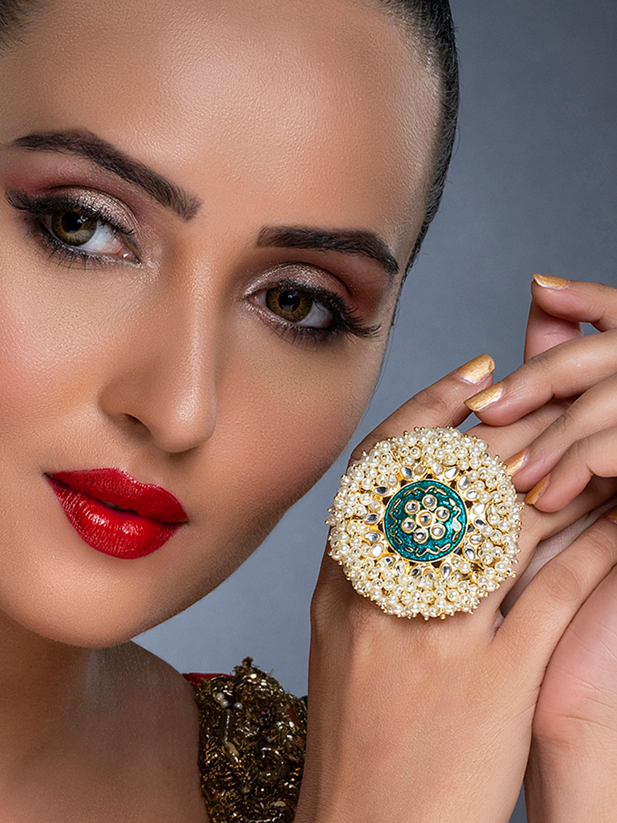 Sukkhi Glitzy Kundan Gold Plated Pearl Ring for Women SKR85679