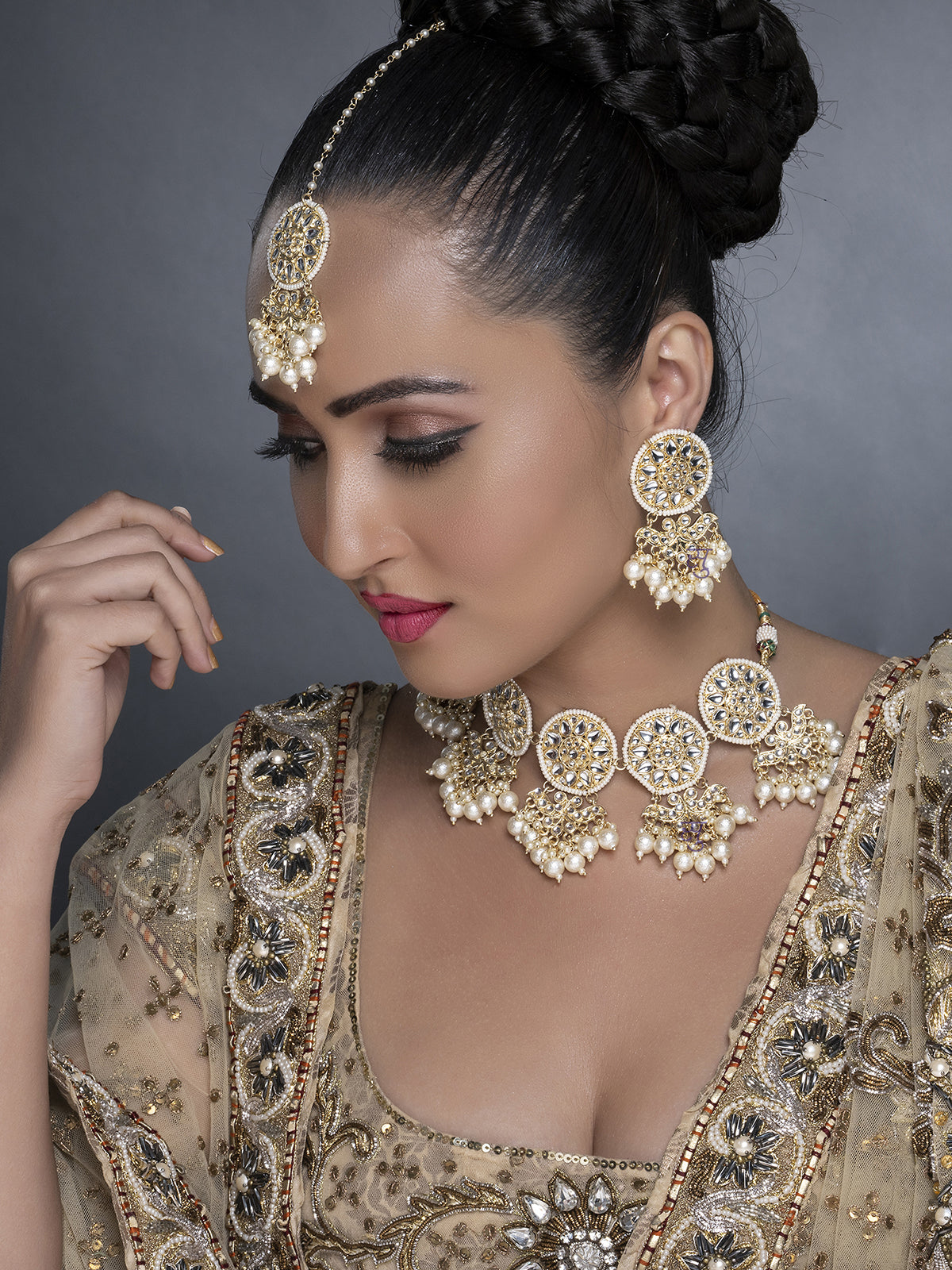 Sukkhi Marquise Kundan Gold Plated Pearl Choker Necklace Set for Women SKR85700