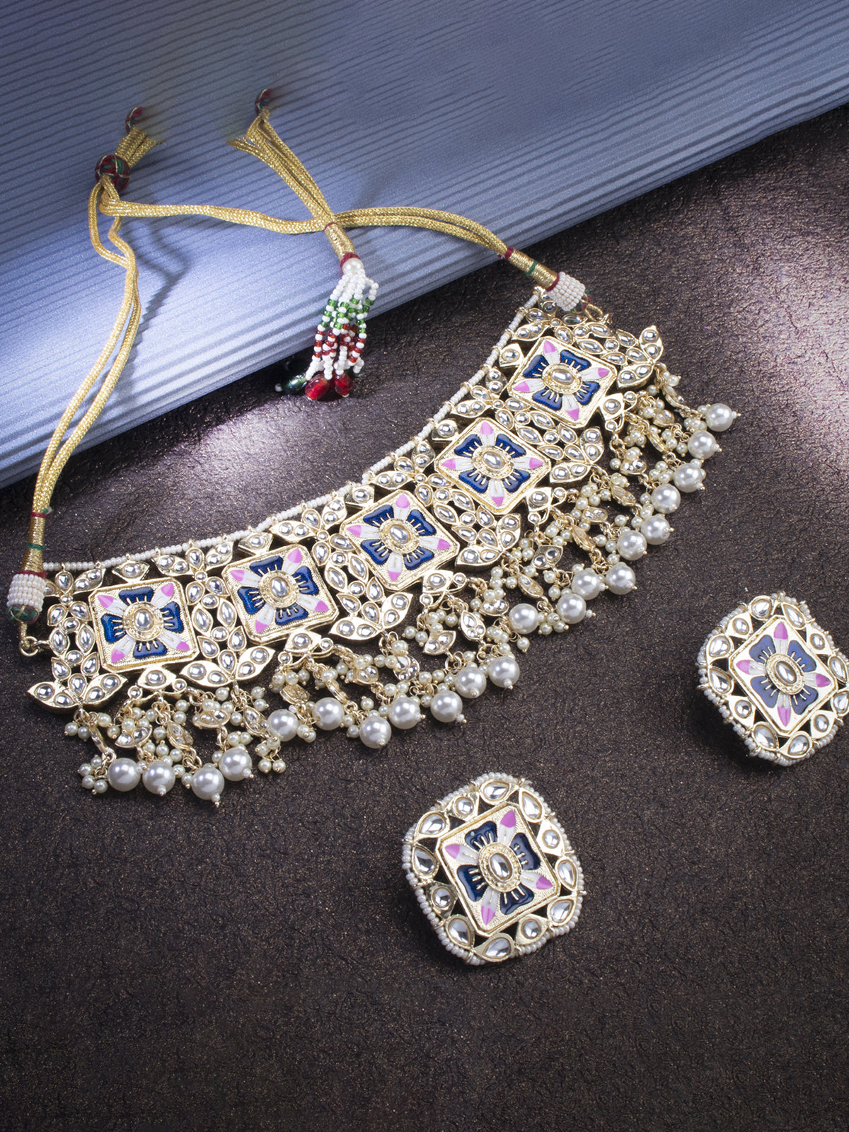 Sukkhi Alluring Pearl Gold Plated Kundan Meenakari Necklace Set for Women SKR85703