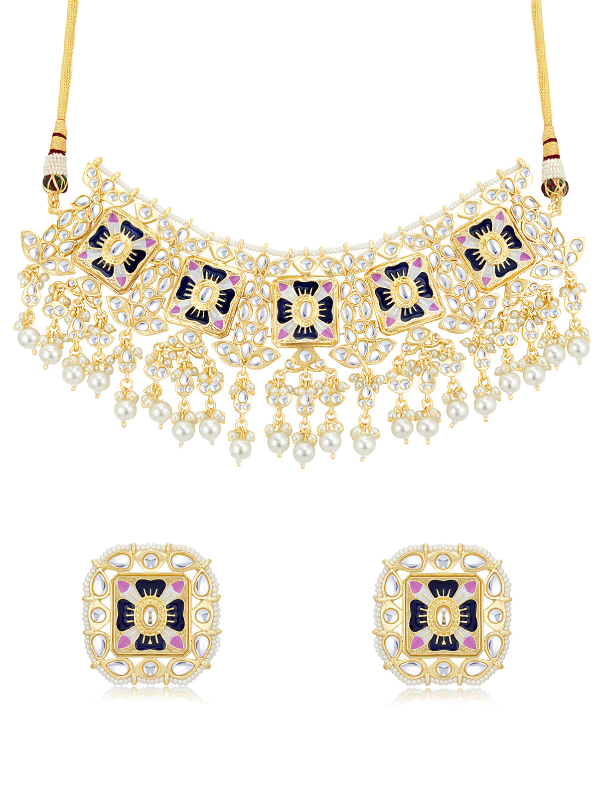 Sukkhi Alluring Pearl Gold Plated Kundan Meenakari Necklace Set for Women SKR85703