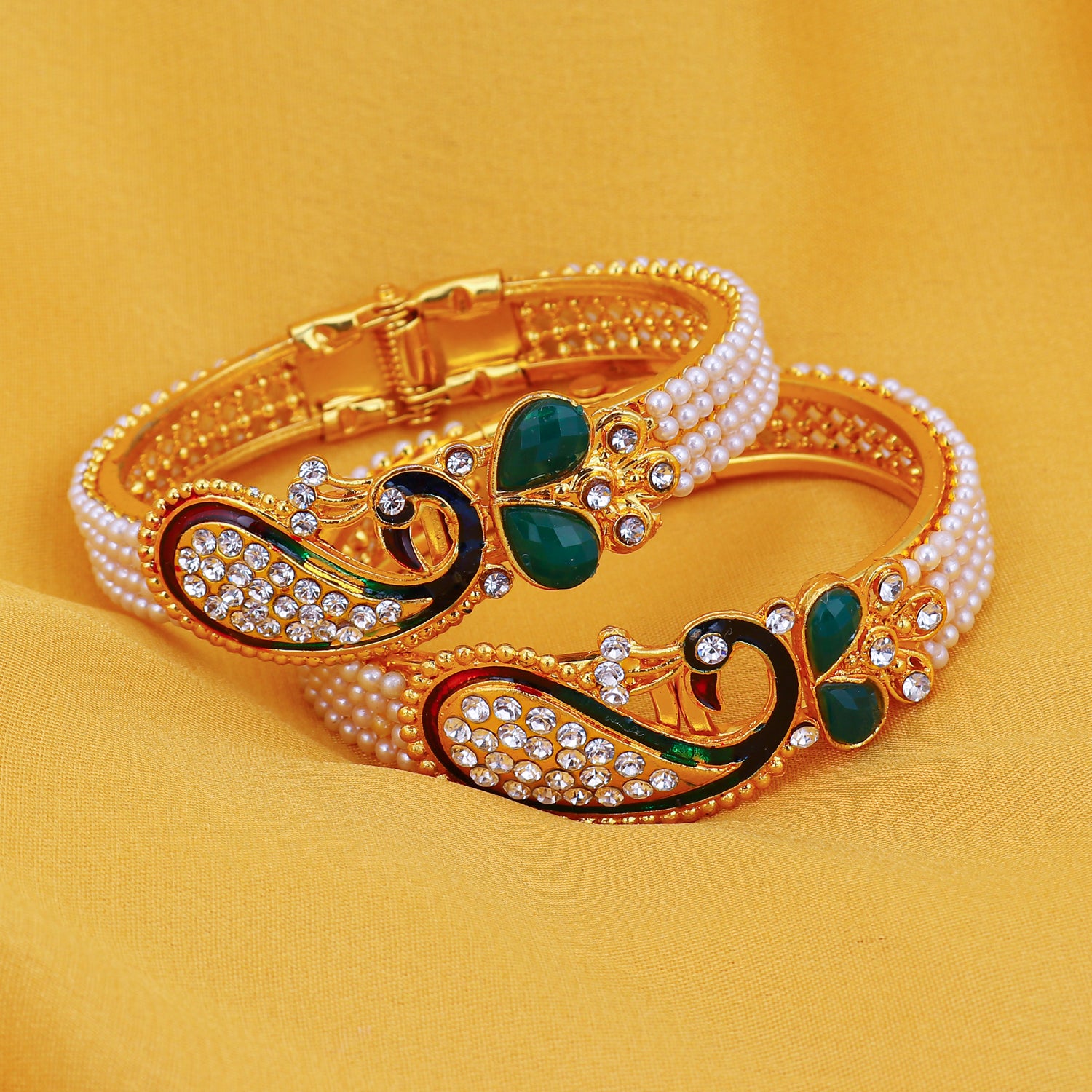 Sukkhi Ritzy Peacock Gold Plated AD Combo Kada For Women Pack Of 2 - Free Size