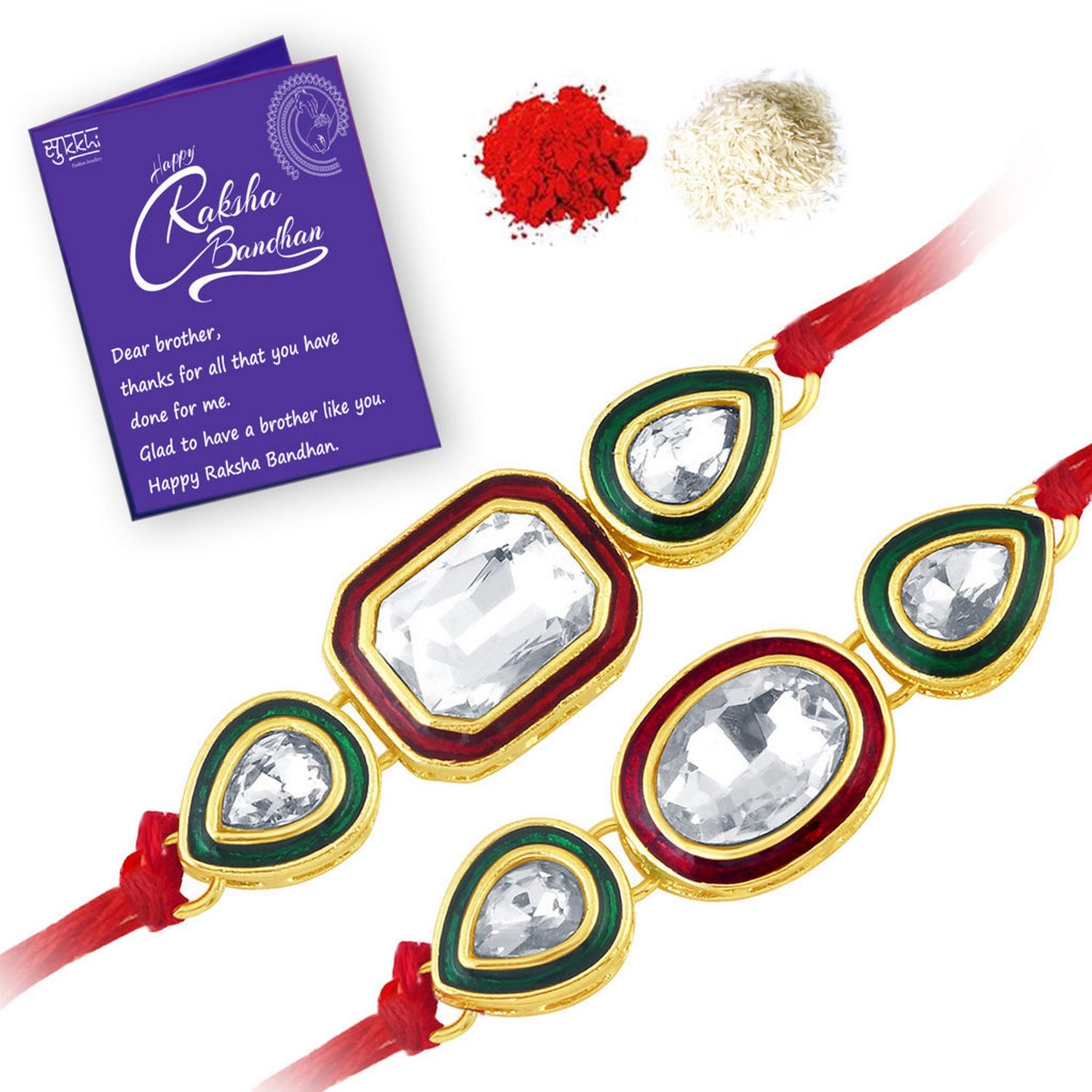 Sukkhi Fabulous Gold Plated Designer Kundan Rakhi Set (Set of 2) with Roli chawal and Greeting Card