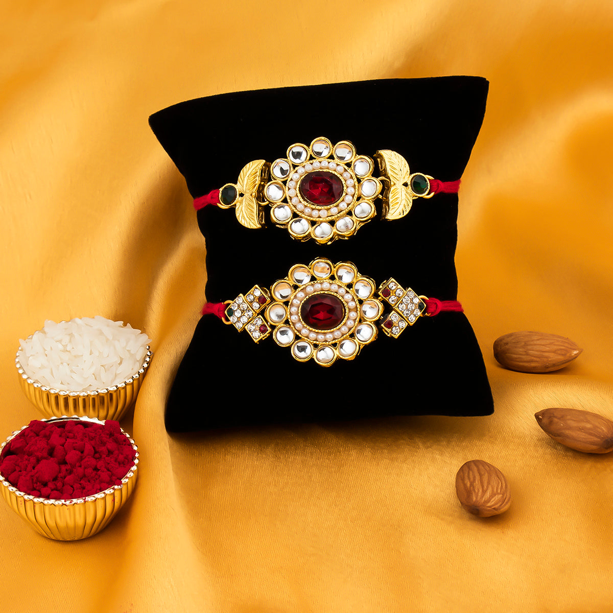 Sukkhi Elegant Gold Plated Designer Floral Rakhi Combo (Set of 2) with Roli Chawal and Raksha Bandhan Greeting Card For Men